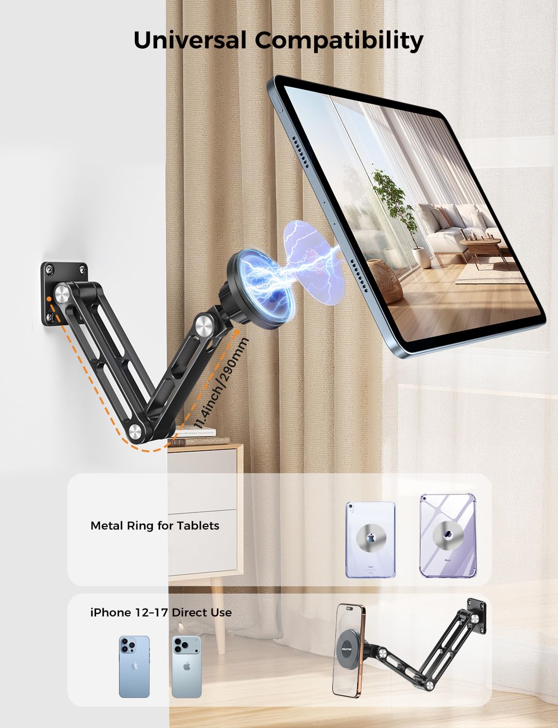 OHLPRO Magnetic Tablet Wall Mount Holder for iPad with 2-Stage Adjustable Foldable Aluminum Arm, Wall Phone Holder Compatible with MagSafe iPhone 12-17 Series Tablet, Great for Home Gym Kitchen