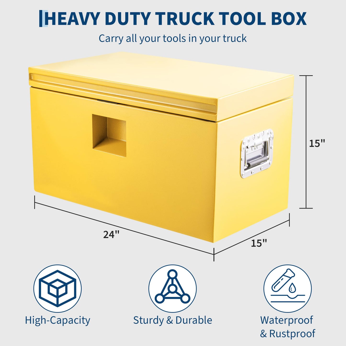 PeakPursuit Heavy Duty Yellow Steel Truck Bed Toolbox – 15x15x24 in Waterproof Lockable Storage Chest for Pickup, RV, Trailer, Construction, Outdoor, Smooth Groove Lid