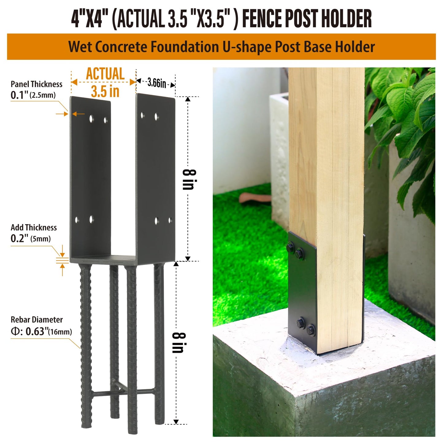 Wocepu 8 Pack Heavy Duty Stainless Steels U-Shape 4"x4"(Actual 3.5"x3.5") Wet Concrete Fence Post Holder, Psot Base, for Fence, Deck Railing, Pergola Wood Post Bracket Anchor (Dark Grey)