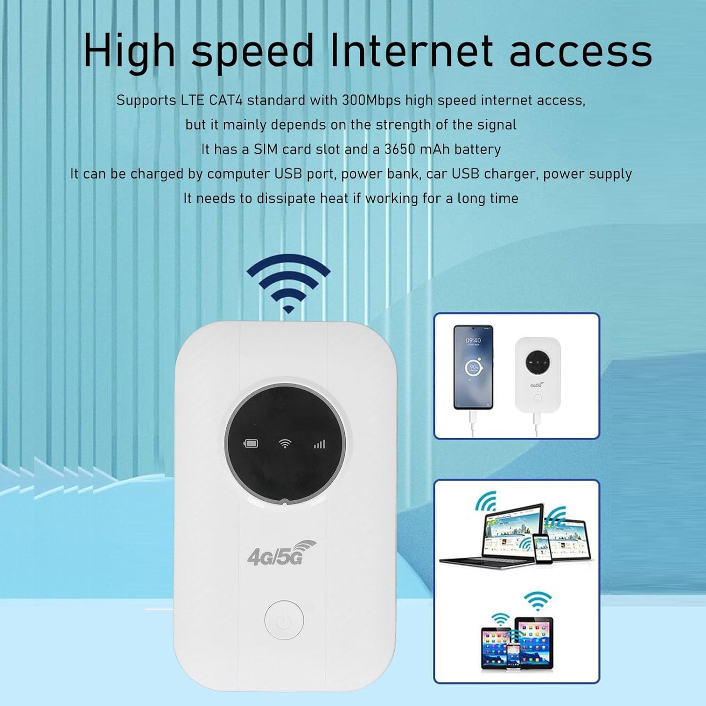 4G 300Mbps 10 3650mAh LTE Modem Router with SIM Slot - High-Speed, Supports Up to Devices, Built-in Battery