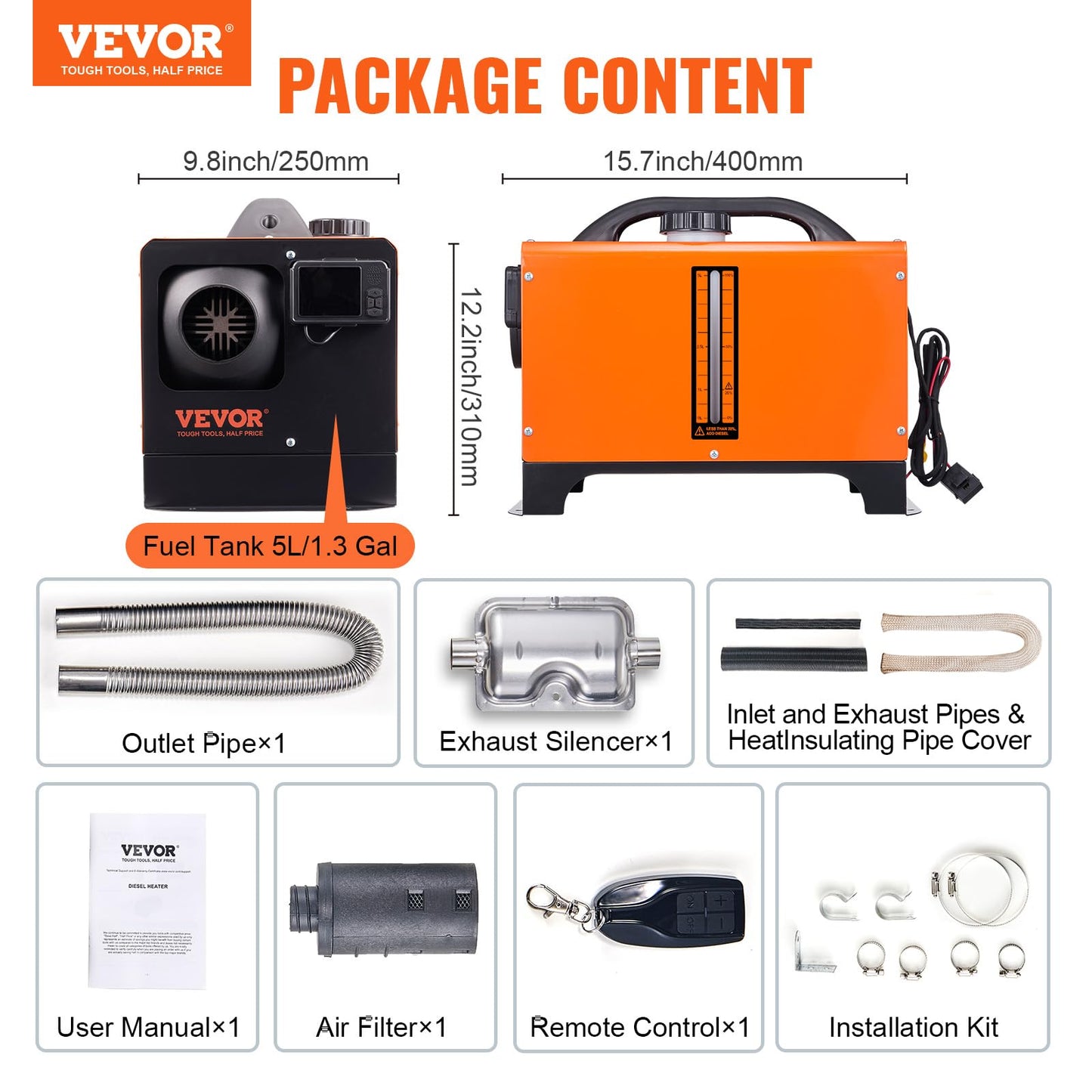 VEVOR Diesel Heater, 12V All-in-one Diesel Air Heater with Remote Control and LCD Display, 5L Fuel Tank Fast Heating Portable Diesel Parking Heater for RV, Truck, 8KW, Upgrade - APP Control, Orange