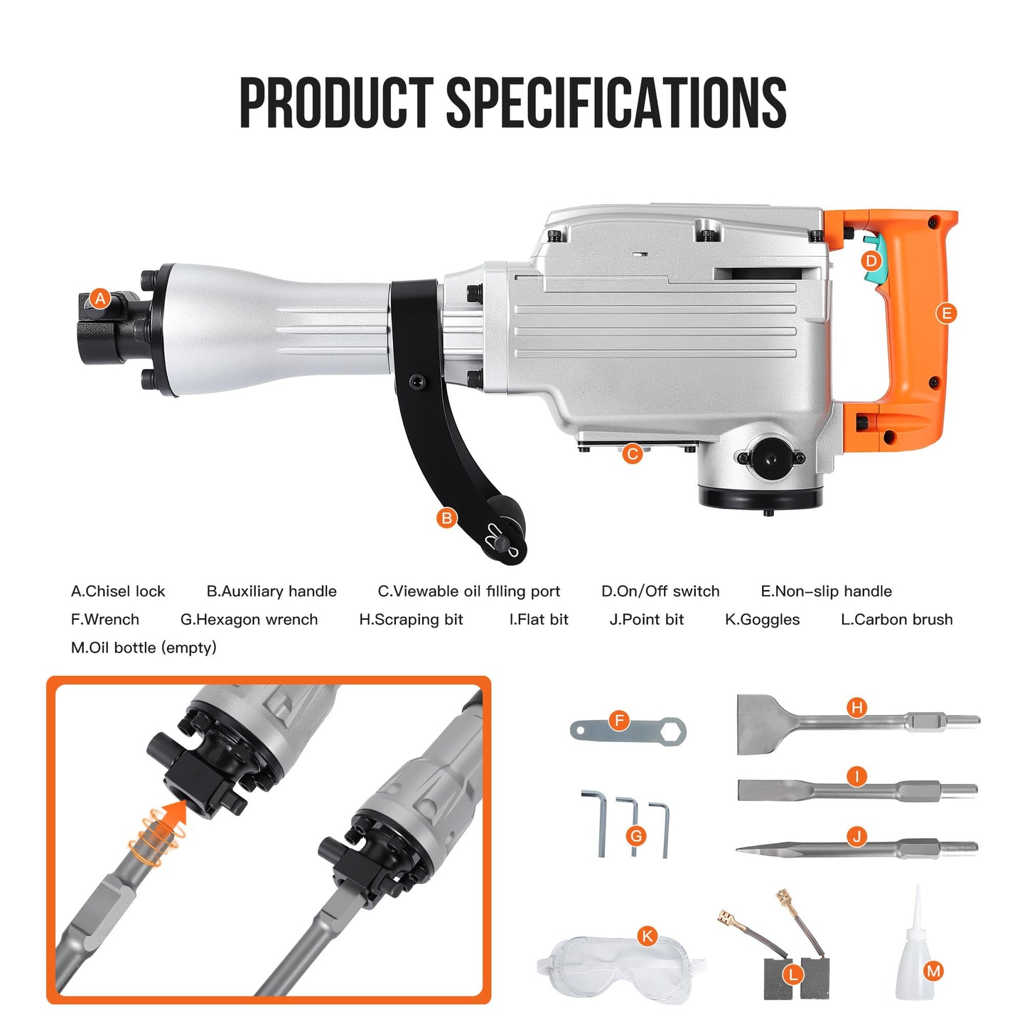 1500W Electric Demolition Jack Hammer, 1800 BPM Heavy Duty Concrete Breaker, 60J Impact Energy & Anti-Vibration System, 360° Handle, Carrying Case, 3 Point, Flat,100mm Flat Chisel