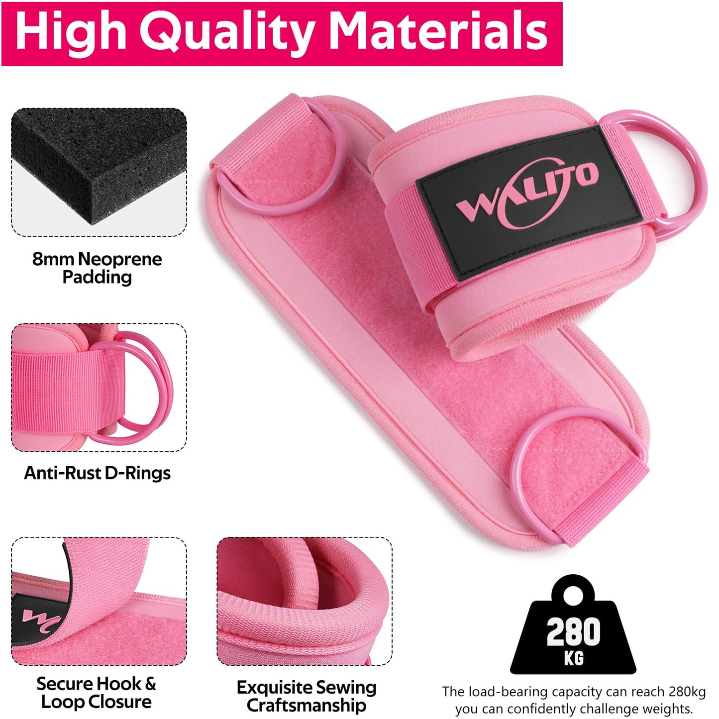 WALITO Gym Ankle Straps for Cable Machines Women & Men - Glute Kickback Ankle Cuff, Adjustable Cable Machine Accessories for Leg Extensions, Hip Abductors & Lower Body Workouts (Pair-Macaron Pink)
