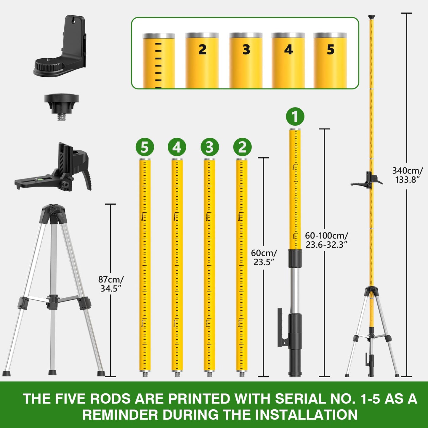 Alloyman 4x360°Self Leveling Laser Level, 12 Ft./3.7M Professional Laser Level Pole with Tripod, Green Line Lazer Leveler Tool with 2* Li-ion Batteries for Picture Hanging, Tile, Home Renovation