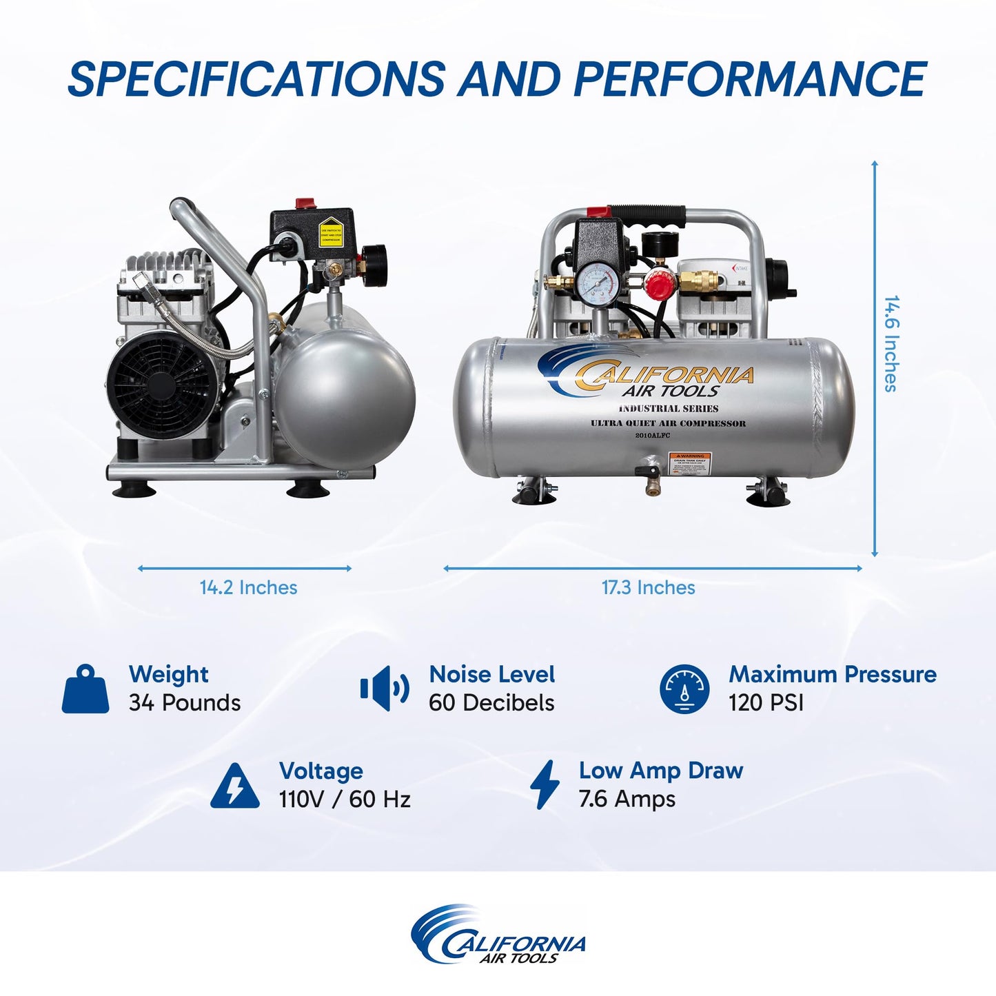California Air Tools 2010ALFC 1.0 HP Ultra Quiet and Oil-Free Air Compressor, 2 Gallon Aluminum Tank, 60 dBA Noise Level, Industrial Series