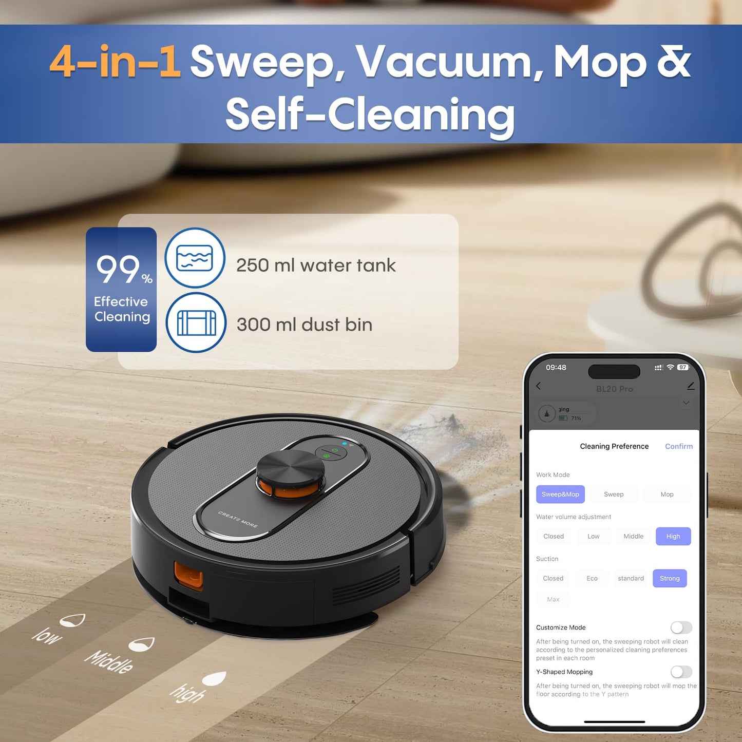 eitton Robot Vacuum and Mop Combo, 6000Pa Strong Suction, LiDAR Navigation, Self-Emptying Dock,90-Day Hands-Free,Smart Mapping,WiFi/App/Alexa,Robotic Vacuum for Pet Hair, Dust, Hard Floors and Carpets