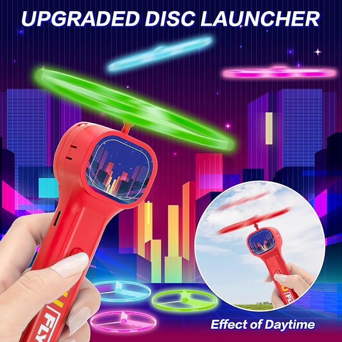 Rechargeable Disc Launcher with 6 Flying Spinners for Outdoor Activities Game White Elephant Gift Fidget Toys (Red)