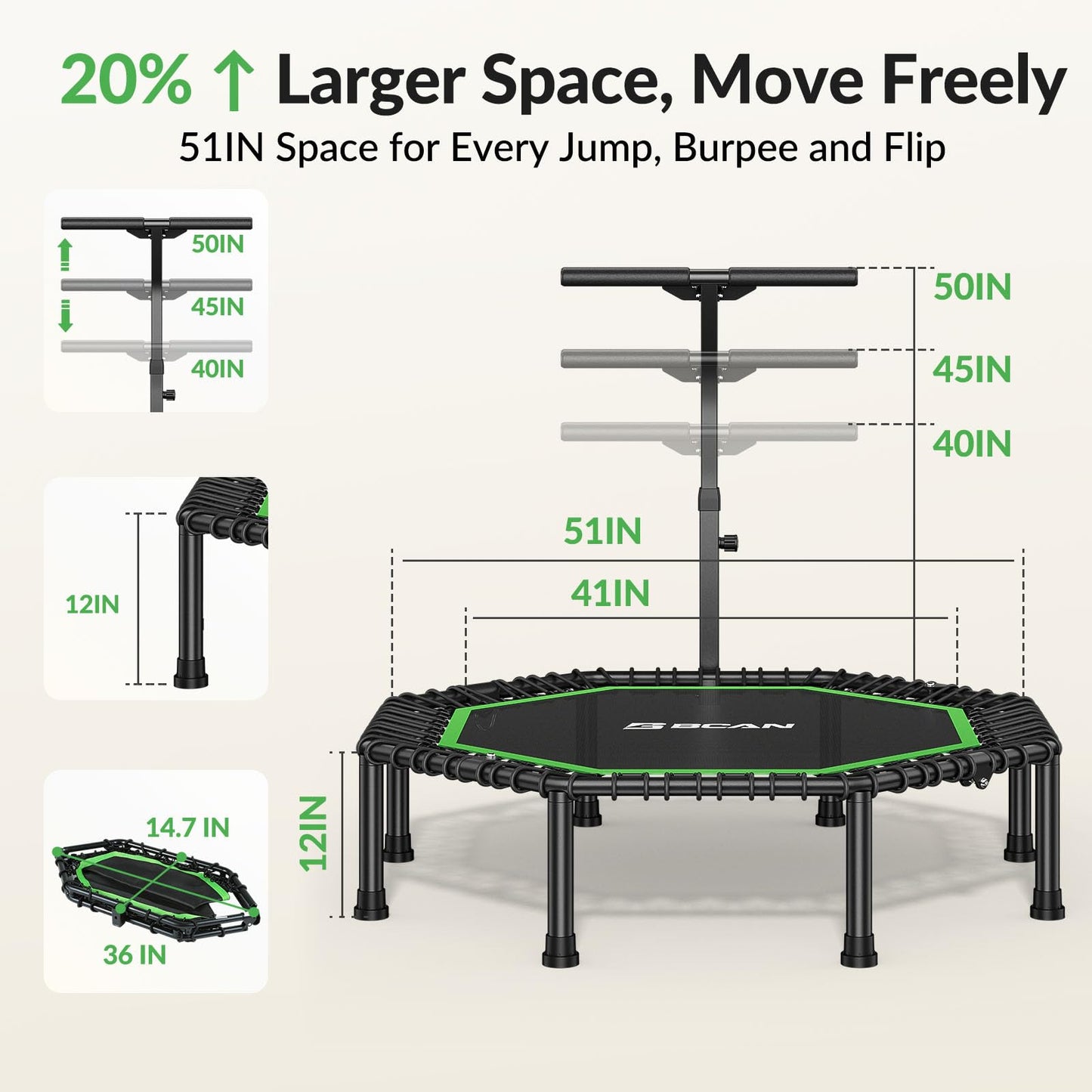 BCAN BT3 51" Octagonal Rebounder Trampoline for Adults, 450LBS Max Load Fitness Trampoline with Large Jumping Area, Silent Bungee Mini Trampoline with T-Adjustable Handle for Home Gym-Green