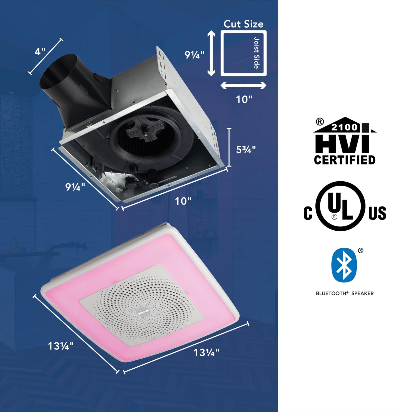 Broan-NuTone ChromaComfort Bathroom Exhaust Fan with Bluetooth Speaker, Powerful 110CFM/1.5 Sones, 24-color LED Light, SPK110RGBL, Wall Switch