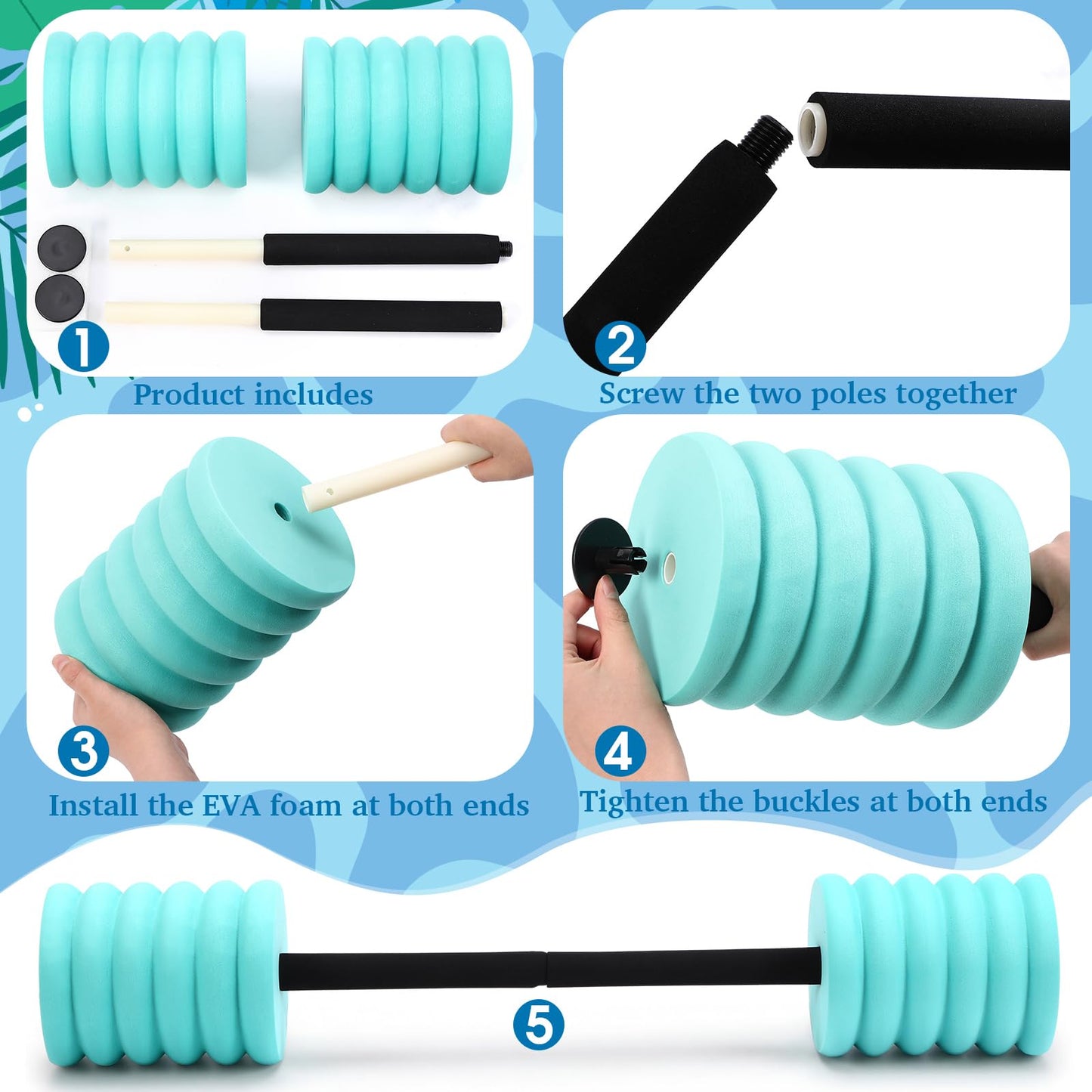 Soulchen Long Aquatic Exercise Dumbbells Foam Water Weights Dumbbell Aquatic Pool Barbells with High Density EVA Foam for Swim Water Aerobics Workouts Loss(Aqua,33.07 Inch)