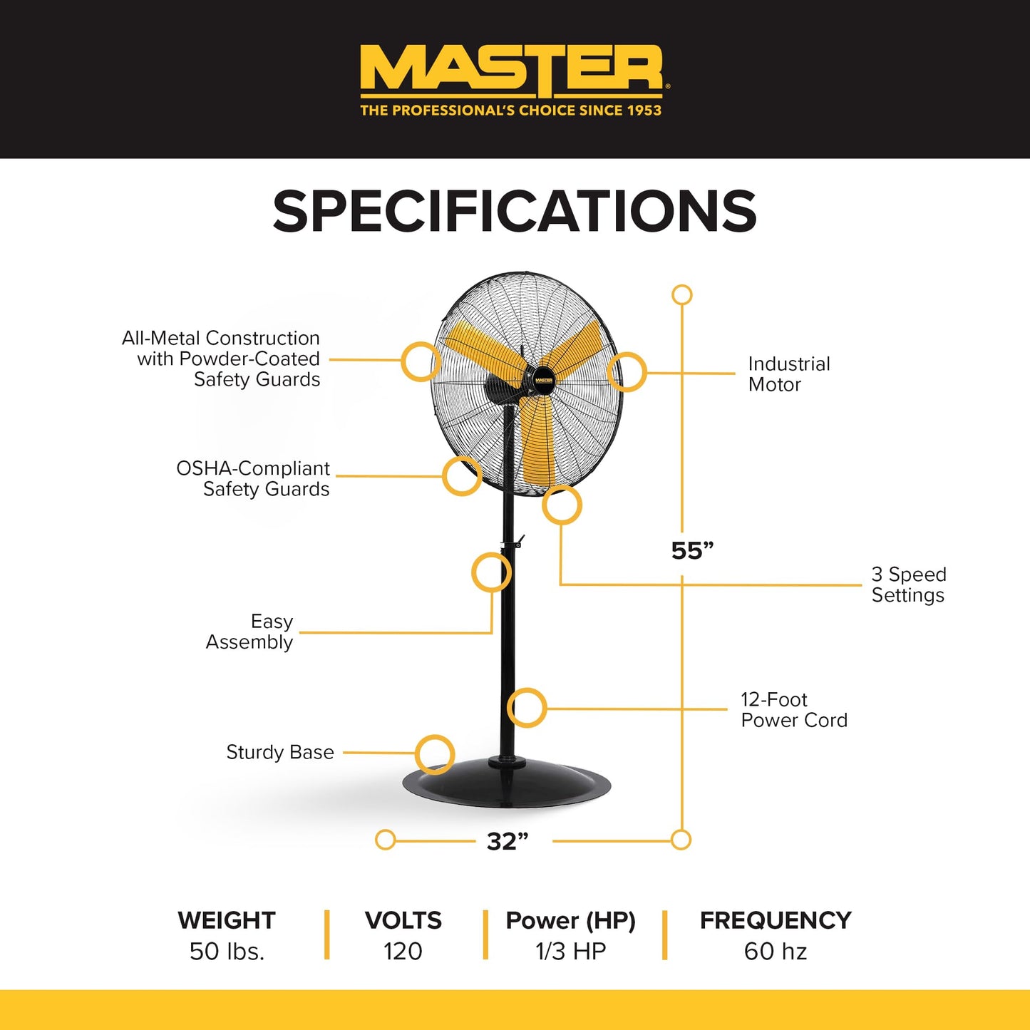 Master 24 Inch Oscillating Industrial High Velocity Pedestal Fan - Use for Shop, Garage or Warehouse, All-Metal Construction with OSHA-Compliant Safety Guards, 3 Speed Settings (MAC-24POSC)