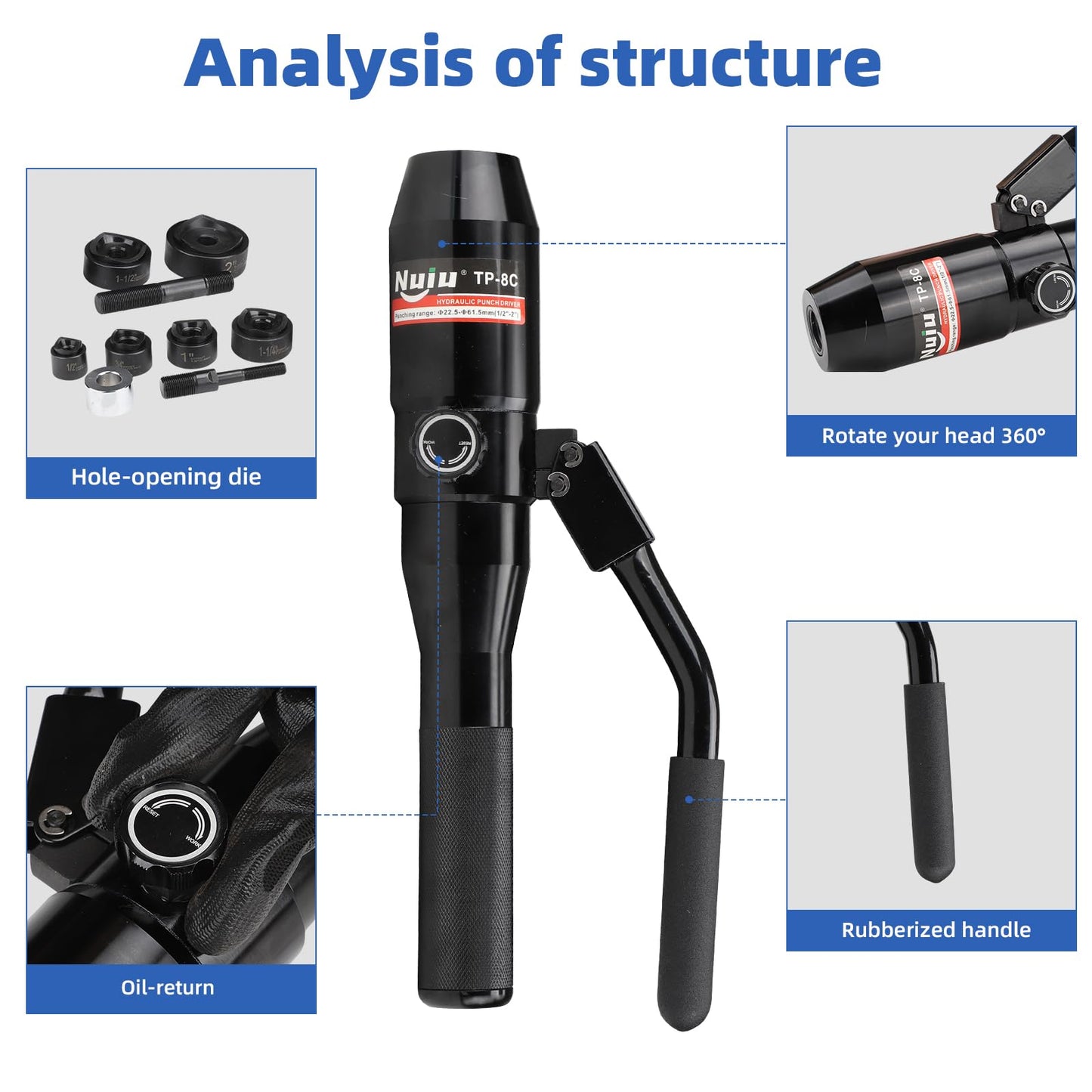 Nuiu TP-8C Hydraulic Knockout Punch Kit, 66KN Punching Pressure with 6 Hole-Opening Dies 1/2" to 2", 360° Rotatable Head for Electrical Panel, Conduit Pipe Punching