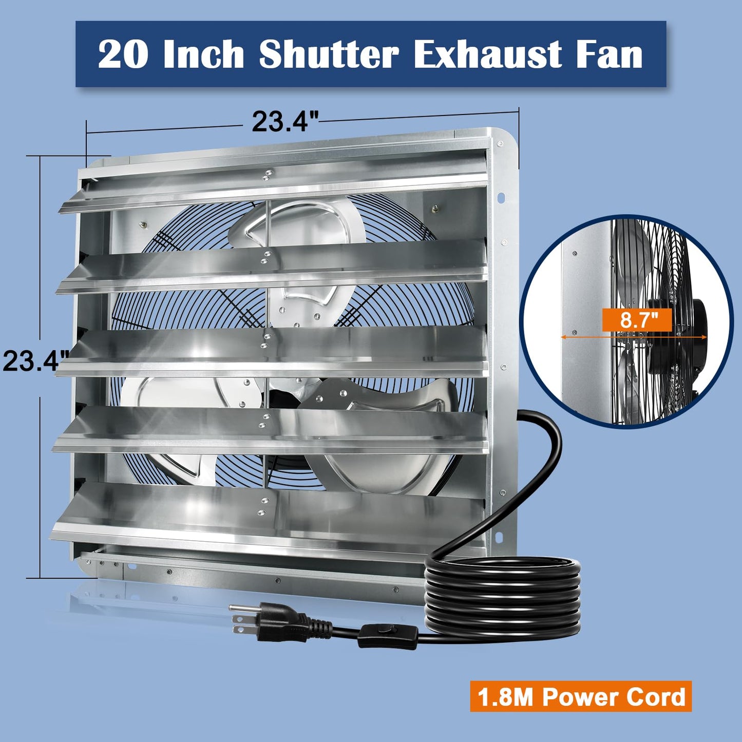 Hiorucet 20 Inch Shutter Exhaust Fan Wall Mounted, 3500CFM High Speed Low Noise Aluminum Louvered Exhaust Fan with 1.8m Power Cord for Greenhouse, Garage, Shop, Attics, Chicken Coop Ventilation Fan.