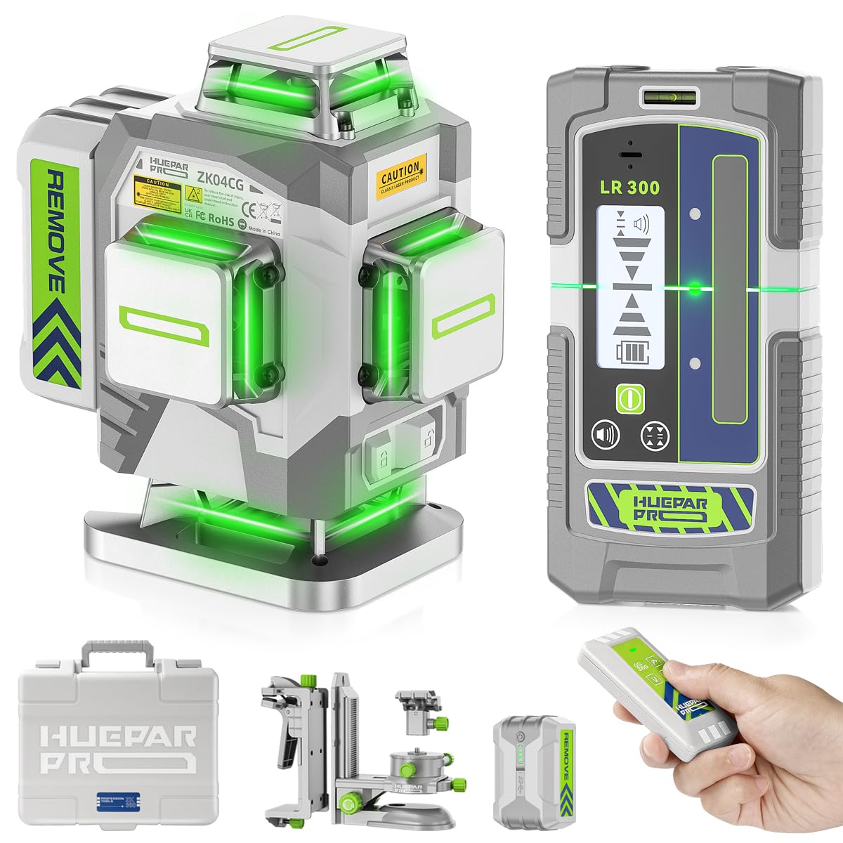 Huepar Pro Laser Level 360 Self Leveling, 4x360° Green Cross Line Laser Tool Set with Receiver for Outdoor&Long Distance Use Up to 660ft, Rechargeable Lazer Leveler Tool for Construction -ZK04CG-LR300