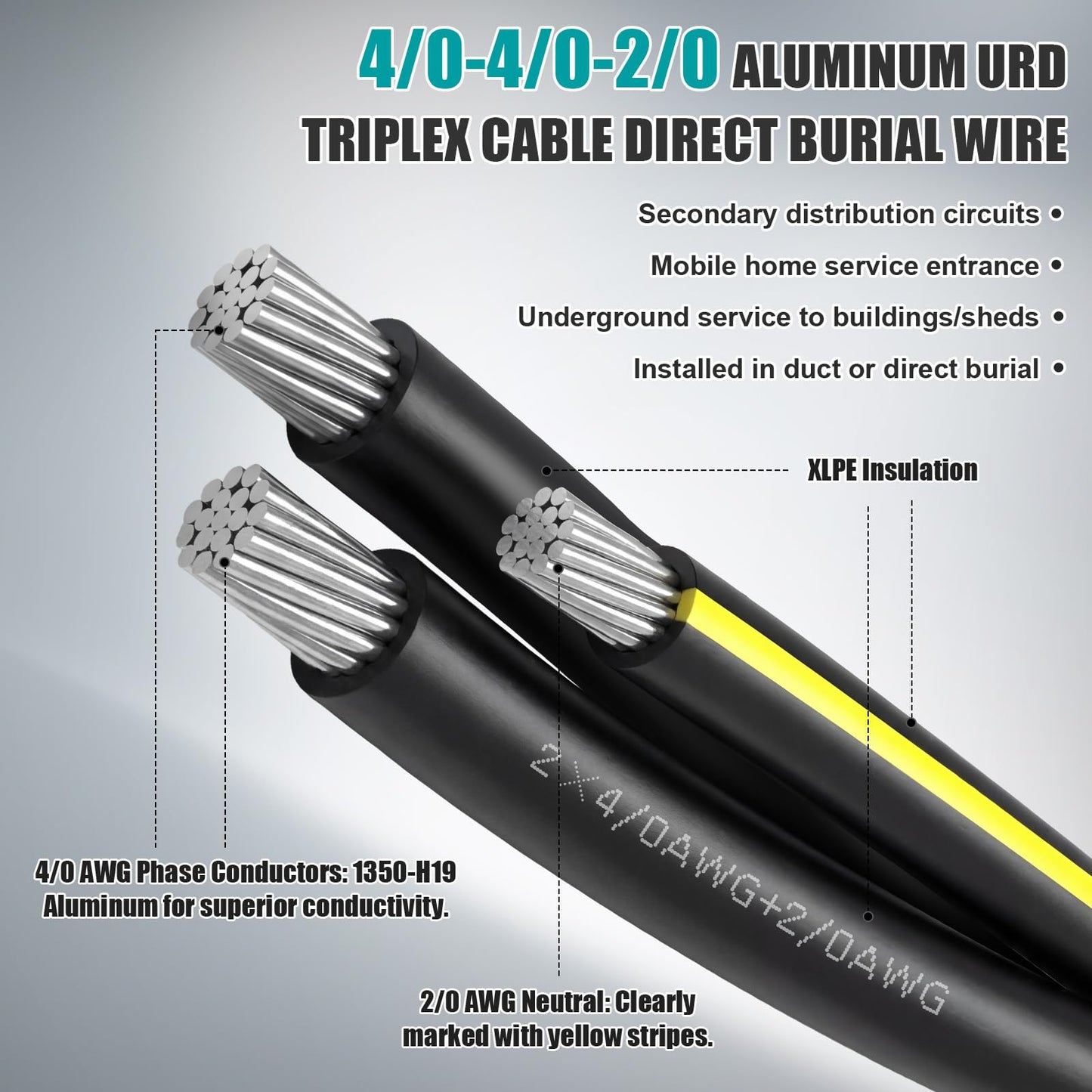 BreezeHug 100Ft 4/0-4/0-2/0 Aluminum URD Direct Burial Cable, 3-Conductor 600V, 19-Strand, XLPE Insulation Service Cable, Direct Burial Wire for Outdoor& Conduit