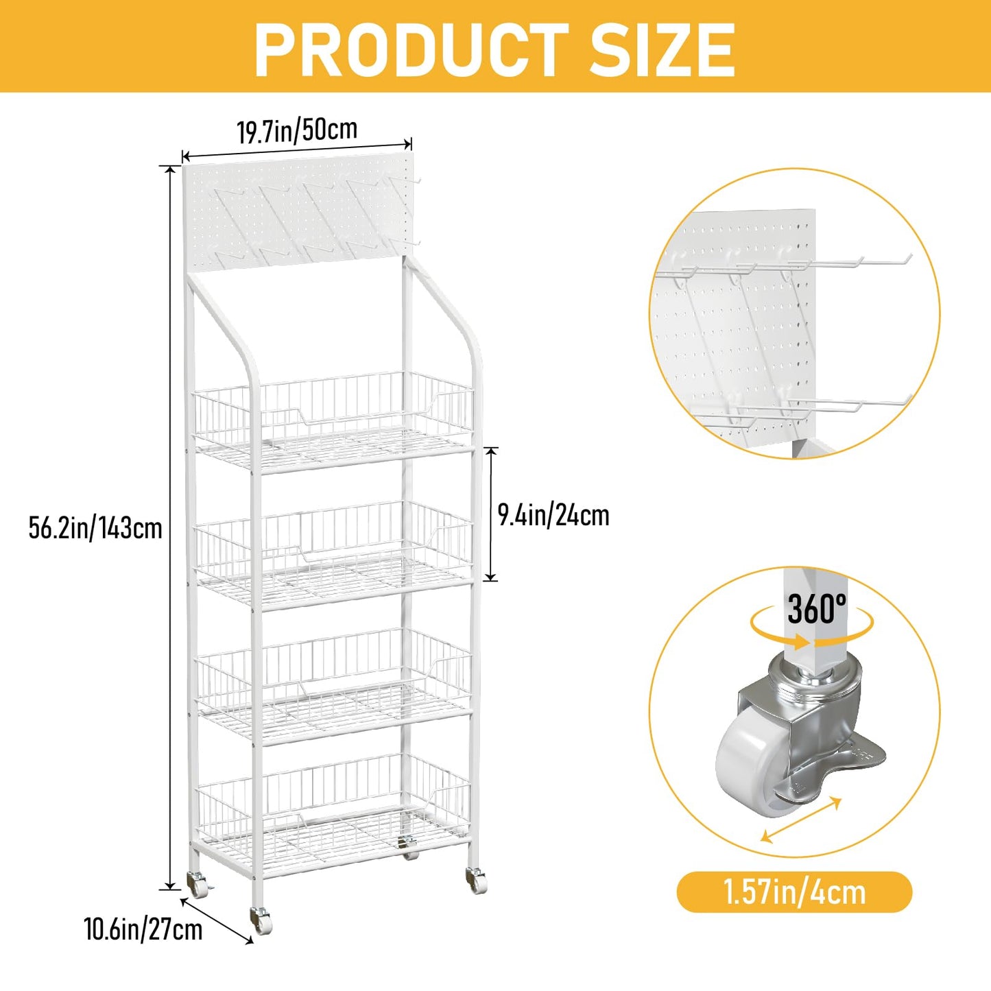 Qriocioa Retail Snack Display Rack 4-Tier White Metal Candy Potato Chip Metal Wire Display Shelf Brackets with Wheels & Hooks Multifunctional Snack Shelf Organizer for Pantry Kitchen, White
