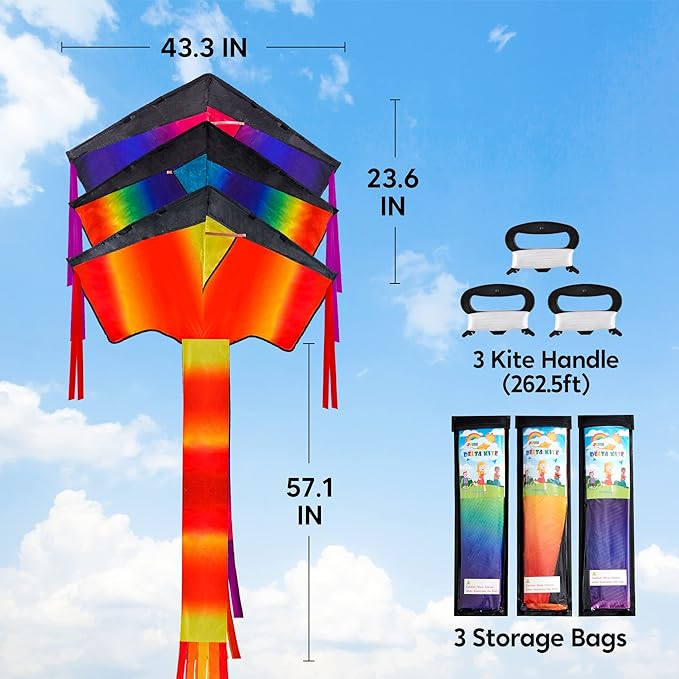 JOYIN 3 Packs Delta Multicolor Kite Warm and Cold Color Easy to Fly for Kids and Adults with 262.5 ft String, Large Delta Beach Kite for Outdoor Games and Activities