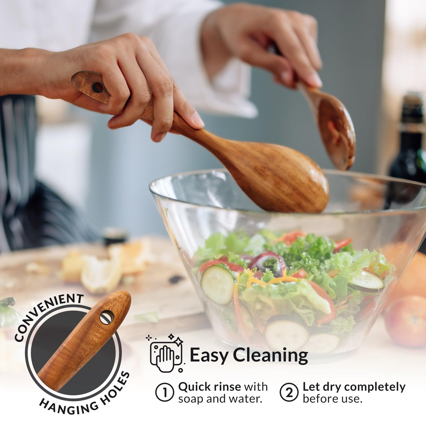 Zulay Kitchen Extra-Large 6-Piece Wooden Spoon Set - Smooth Teak Cooking Utensils - Comfort-Grip Non-Stick Turner, Spatula, Skimmer, Fork, Serving Spoon