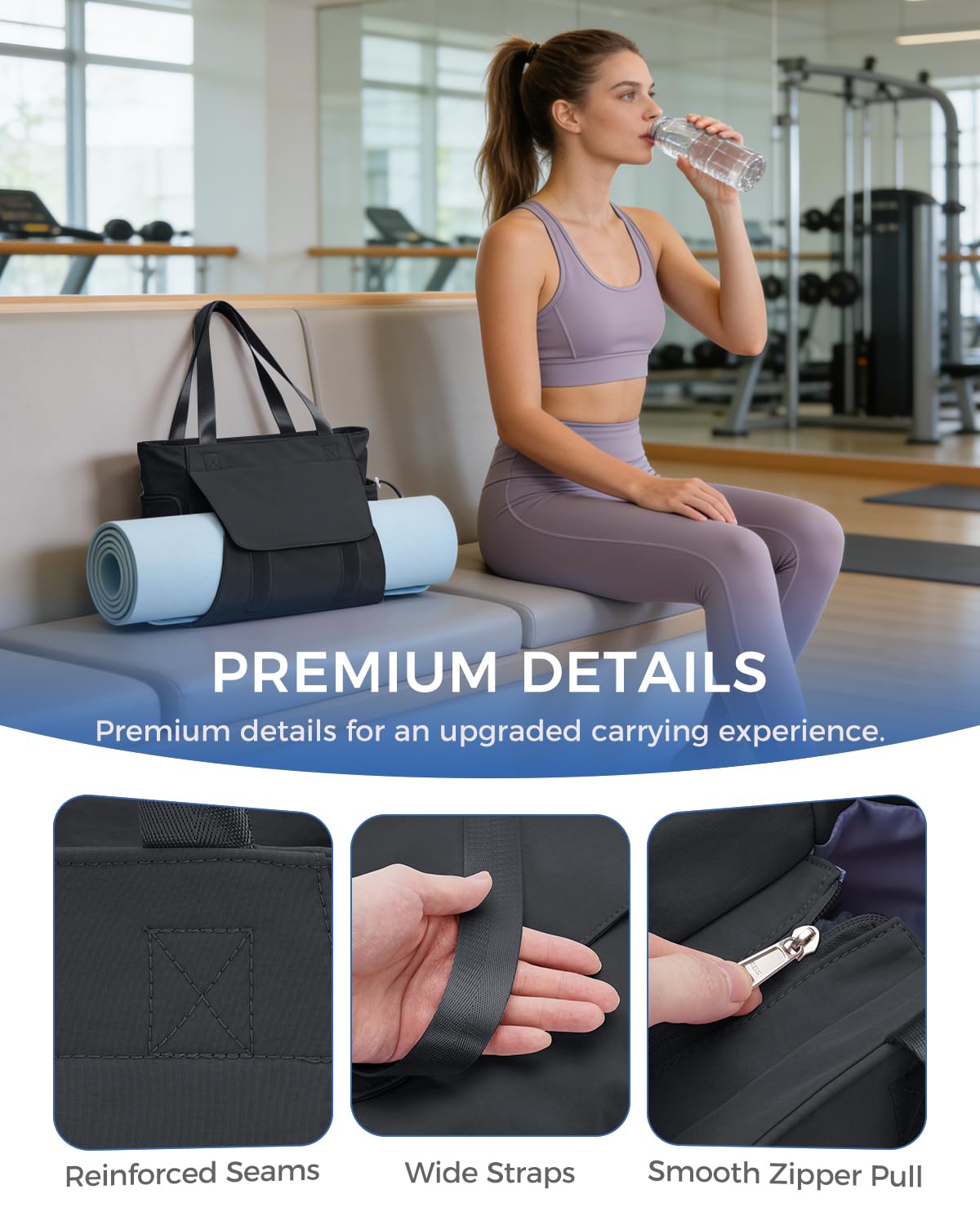 sportsnew Gym Bag for Women, 19L Yoga Mat Bag with Shoe Compartment & Wet Dry Pocket, Gym Tote Bag with Hook-and-loop Yoga Mat Holder, Quick Access Storage, for Workout Travel Pilates Dance