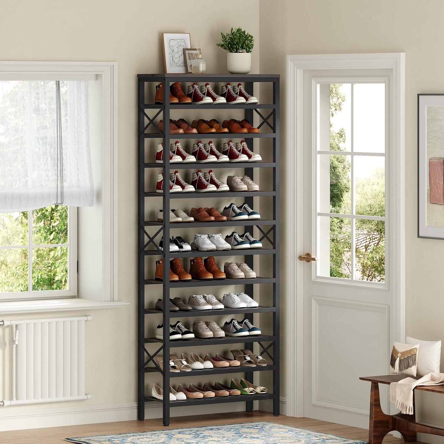 YATINEY 6-Tier Shoe Rack and 12-Tier Tall Shoe Rack Organizer, Wooden Shoe Storage for Closet Holds 48 Pairs, Sturdy Shoe Shelf with X-Shaped Metal Support, for Entryway SS06BR-SS212BC
