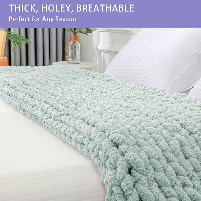 Bigacogo Chunky Knit Throw Blanket for Couch, 40x40 inches, 100% Hand Knitted with Thick Jumbo Chenille Yarn, Cozy Soft Large Rope Knot Cable Crochet Blankets for Sofa Bed Living Room, Mint