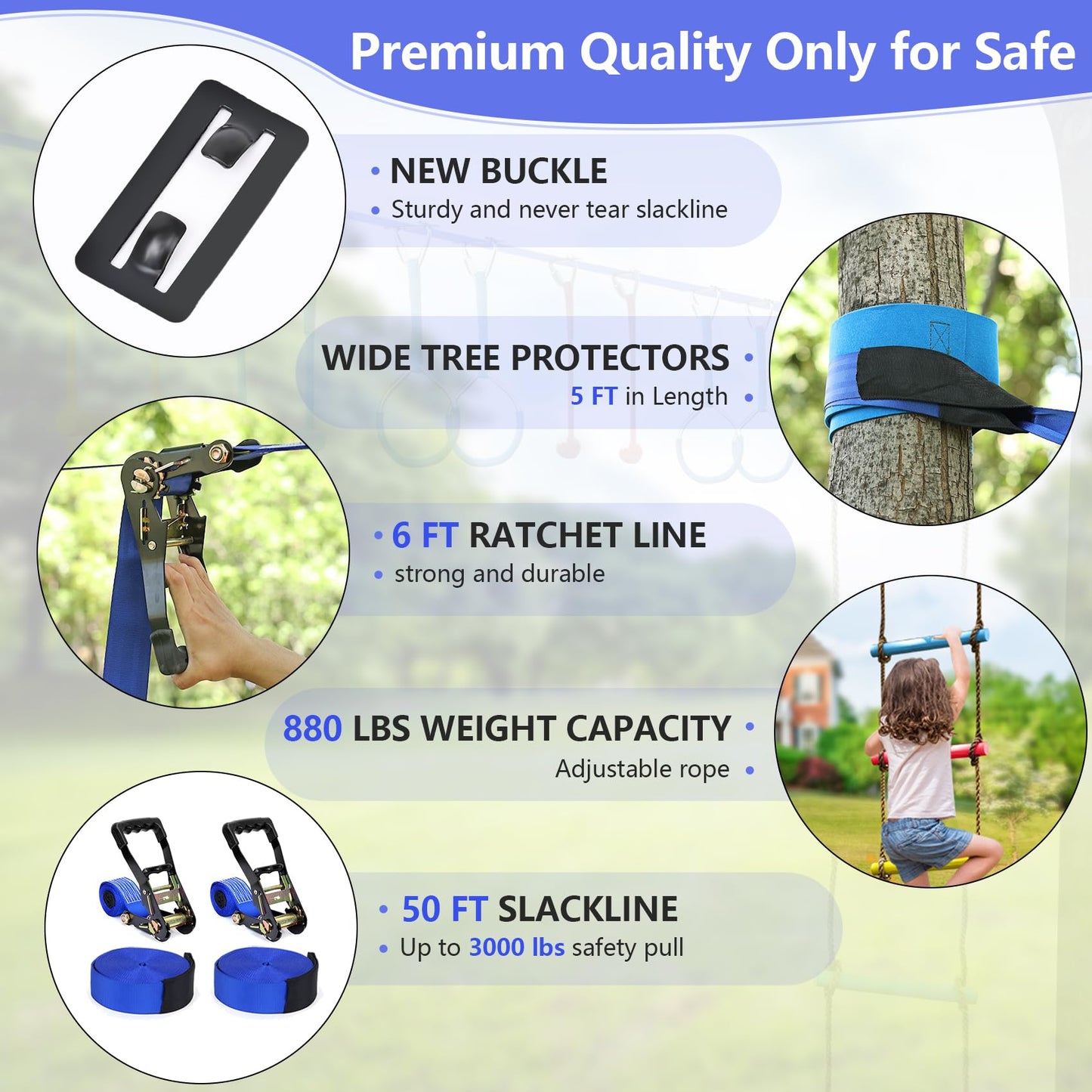 Ninja Warrior Obstacle Course for Kids,2×56ft Slackline Kit with 10 Ninja Accessories - Monkey Bar,Rope Ladder,Gymnastic Ring,Arm Trainer and Monkey Fist+Fast-Setup Buckles,Supports 880 lbs
