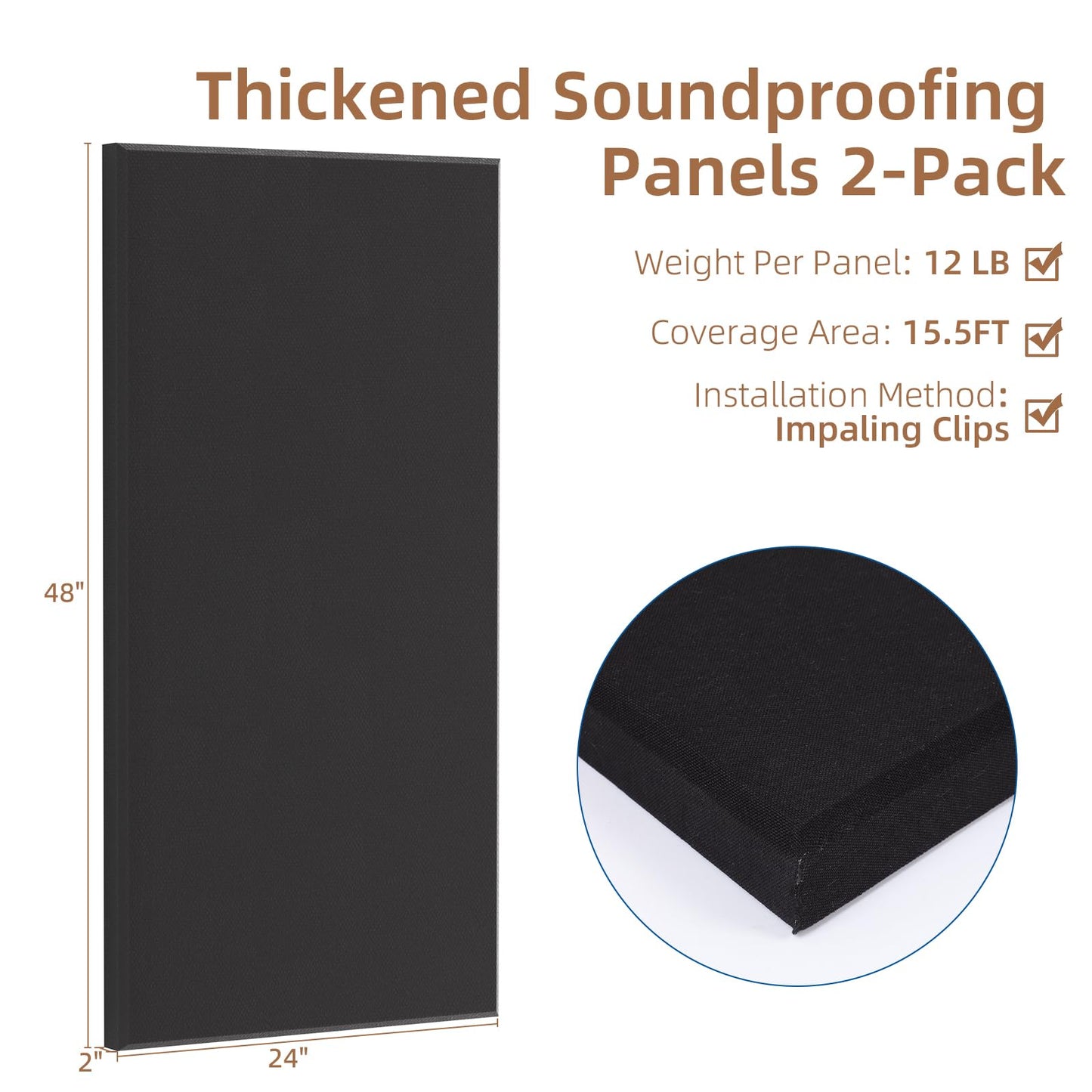 FAHKNS Sound Absorbing Acoustic Wall Panels: 48"x24"x2" Fiberglass Soundproof Wall Panels,Large Fabric Wrapped Noise Reducing Sound Insulation Panels(Black,2 Pack)