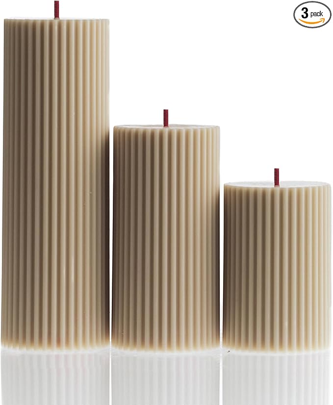 LAWA Roman Handmade Tall Ribbed Pillar Candle - Beautiful Scented Soy Wax Dinner Candle | Classic Aesthetic Decoration Set | Housewarming Gift | Home Room Shelf Decor Idea - Moon Gray (Set of 3)