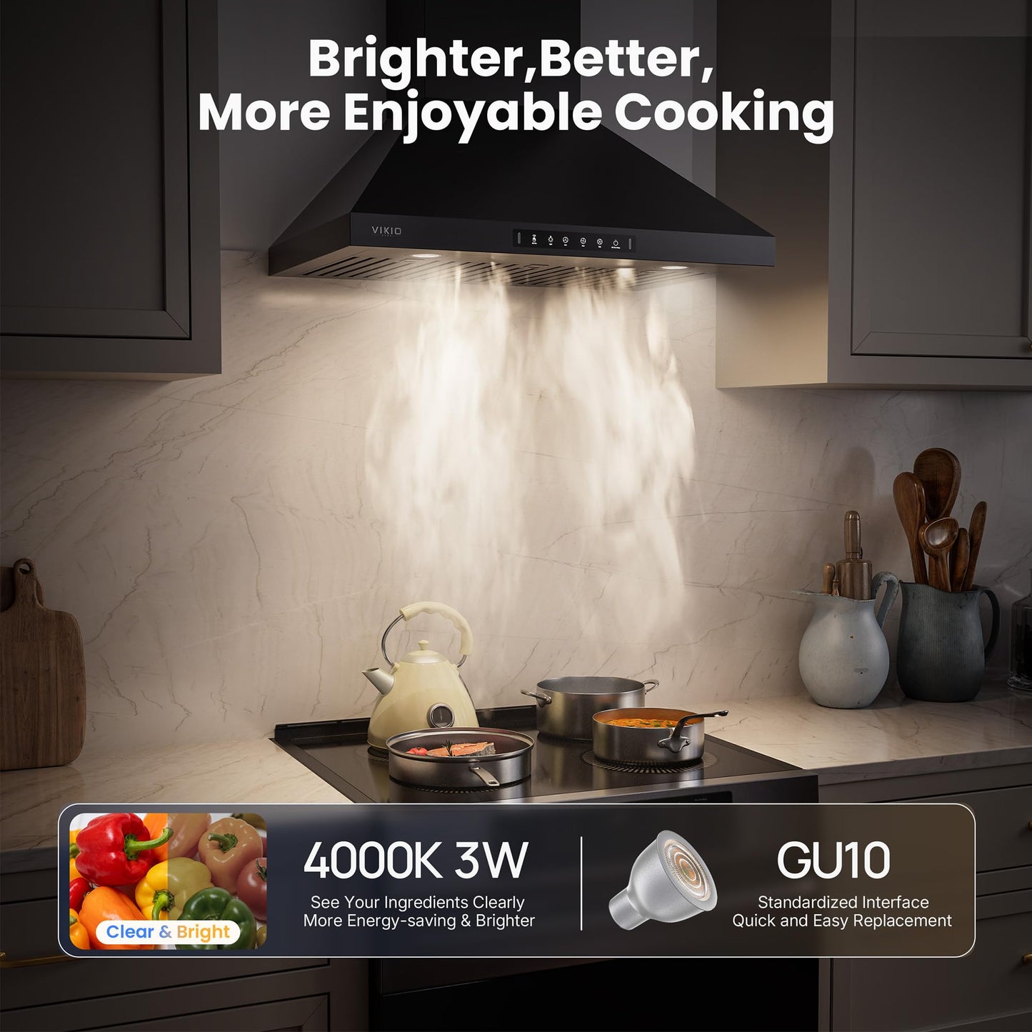 VIKIO HOME Wall Mount 30 Inch Range Hood 900 CFM, Ductless/Ducted Convertible, 3-speed Gesture Sensing & Touch Control, Black Painted Stainless Steel Kitchen Vent Hood with Permanent Baffle Filters