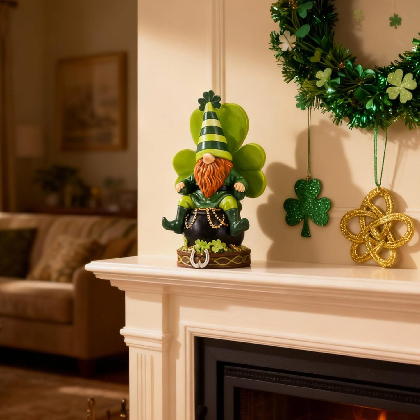 Skiennix St. Patrick's Day Gnomes - Resin Leprechaun Pot of Gold Figurines | Green Indoor Decor