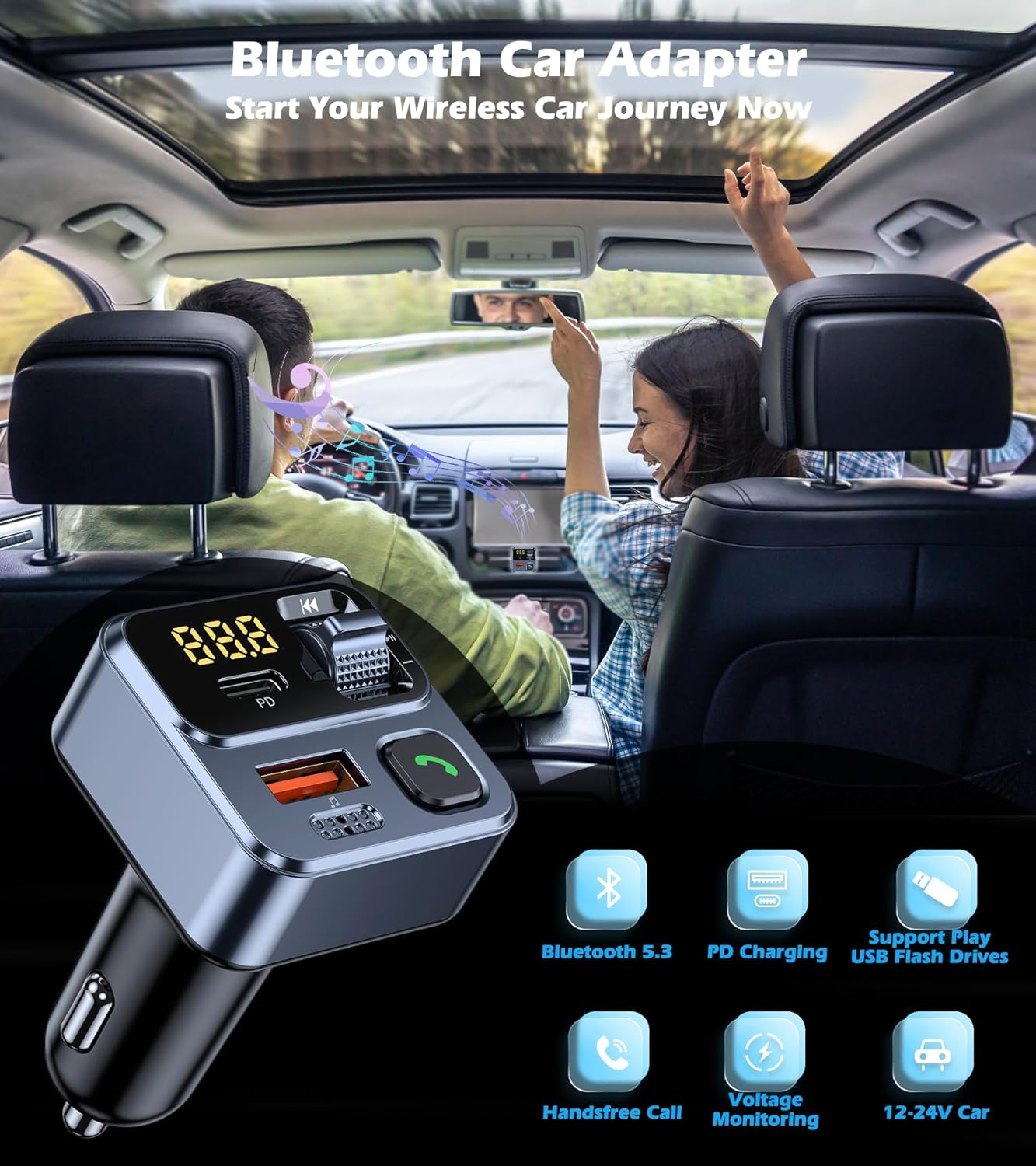 KAIY 42W FM Transmitter Bluetooth Car Adapter, Car Radio Bluetooth Transmitter HandsFree Calling Music Player, FM Radio