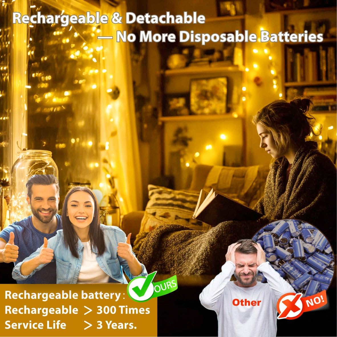 Skiennix 120L Twinkle Lights - 100 LED Rechargeable Fairy Lights with Remote & Timer Bundle