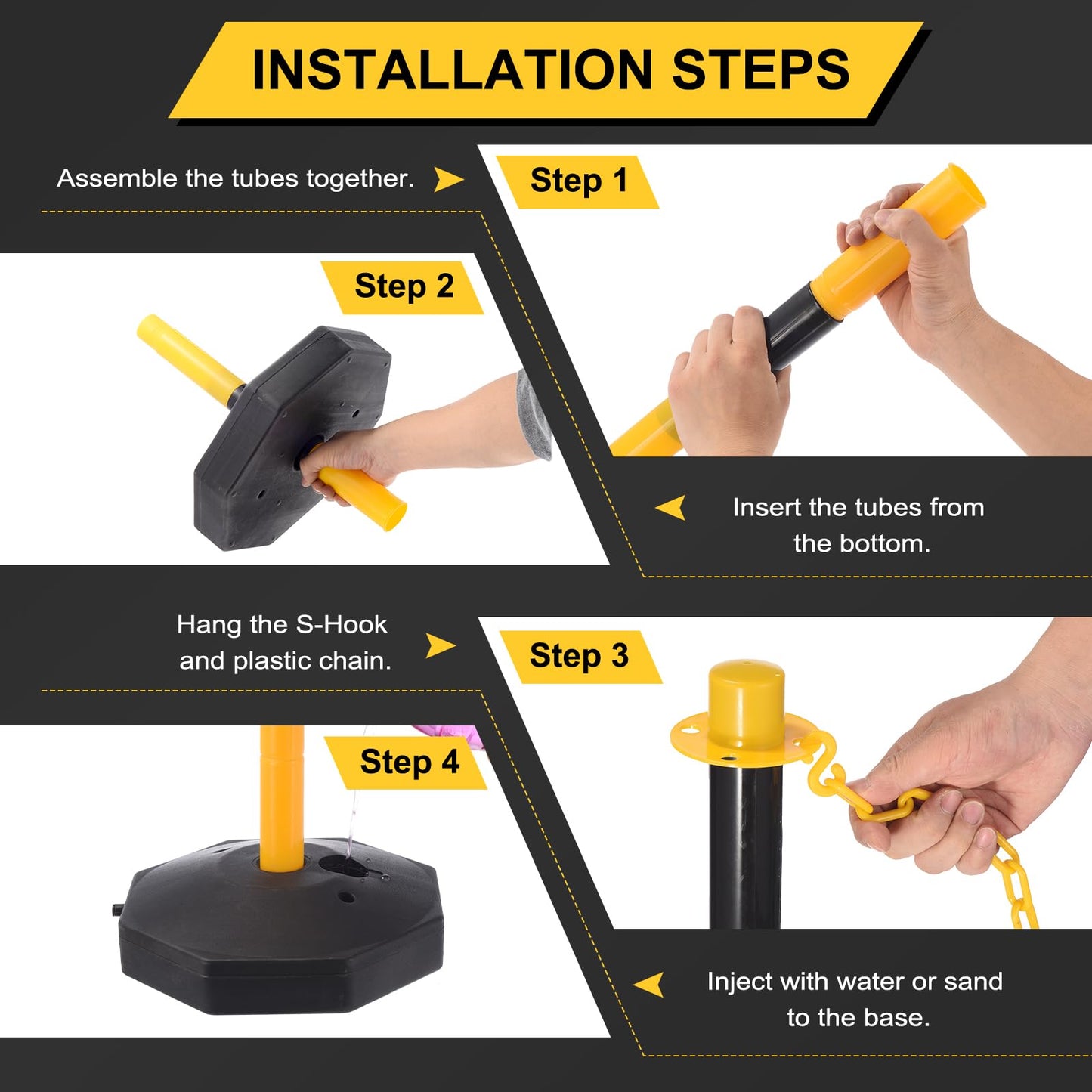 PATIKIL 6Pcs Traffic Delineator Post Barrier with Fillable Base, 5ft Plastic Chain Safety Barriers for Outdoor Indoor Crowd Control Stanchion Construction Parking Lot, Black/Yellow
