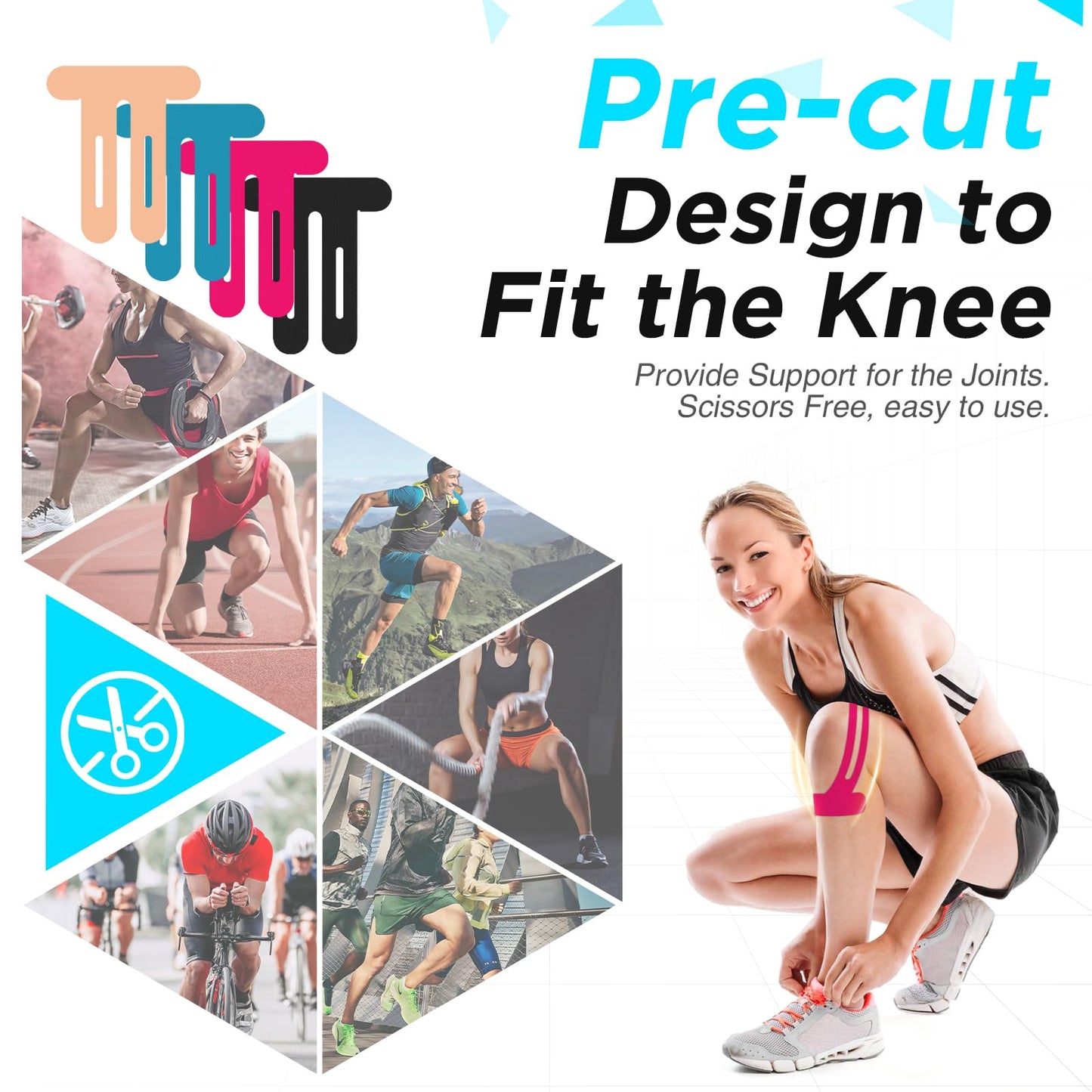 OK TAPE Nylon Kinesiology Tape for Knee, 10 Pcs Stretchable on Four Sides Precut Strips, Athletic Tape for Knee Support & Stability,Breathable and Hypoallergenic, Black