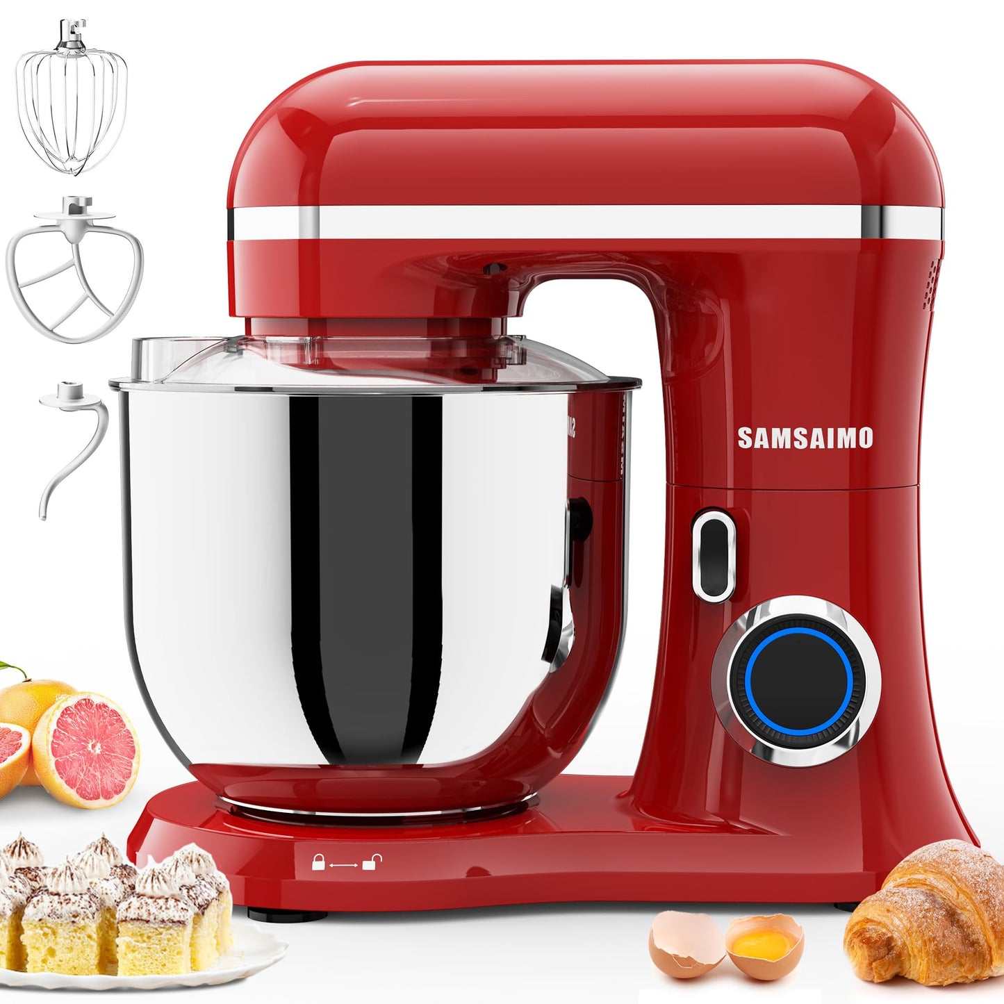 SAMSAIMO 3-IN-1 Electric Stand Mixer, 10-Speed With Pulse Button, Attachments include 6.5QT Bowl, Dough Hook, Beater, Whisk for Most Home Cooks (Empire Red)