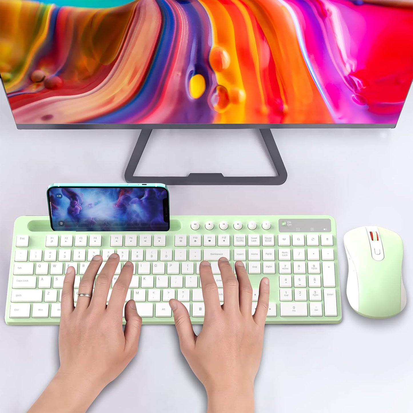 MARVO 2.4G 6 Wireless Keyboard and Mouse Combo, Ergonomic Wireless Computer Keyboard with Phone Tablet Holder, Silent