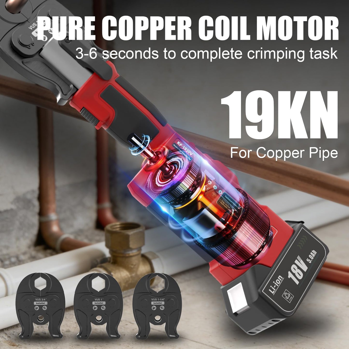 ketailei KF-1930V Cordless Copper Pipe Crimping Tool for Plumbing, 5.0Ah Battery Powered with VUS 1/2" 3/4" 1" 1-1/4" Crimping Dies, 350° Rotatable Head（KF-1930V）