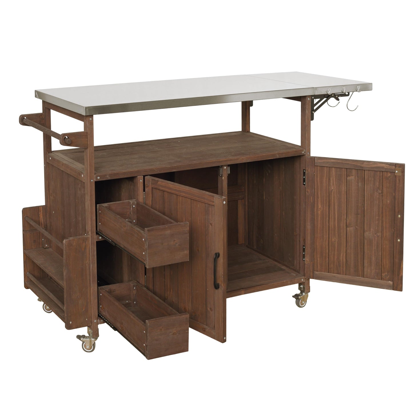MEETFAV 54" Grill Cart with Stainless Steel Top, Spice Rack, Towel Rack, Lockable Wheels, Multi-Functional Outdoor Kitchen Island with Storage for BBQ, Patio & Kitchen, Brown