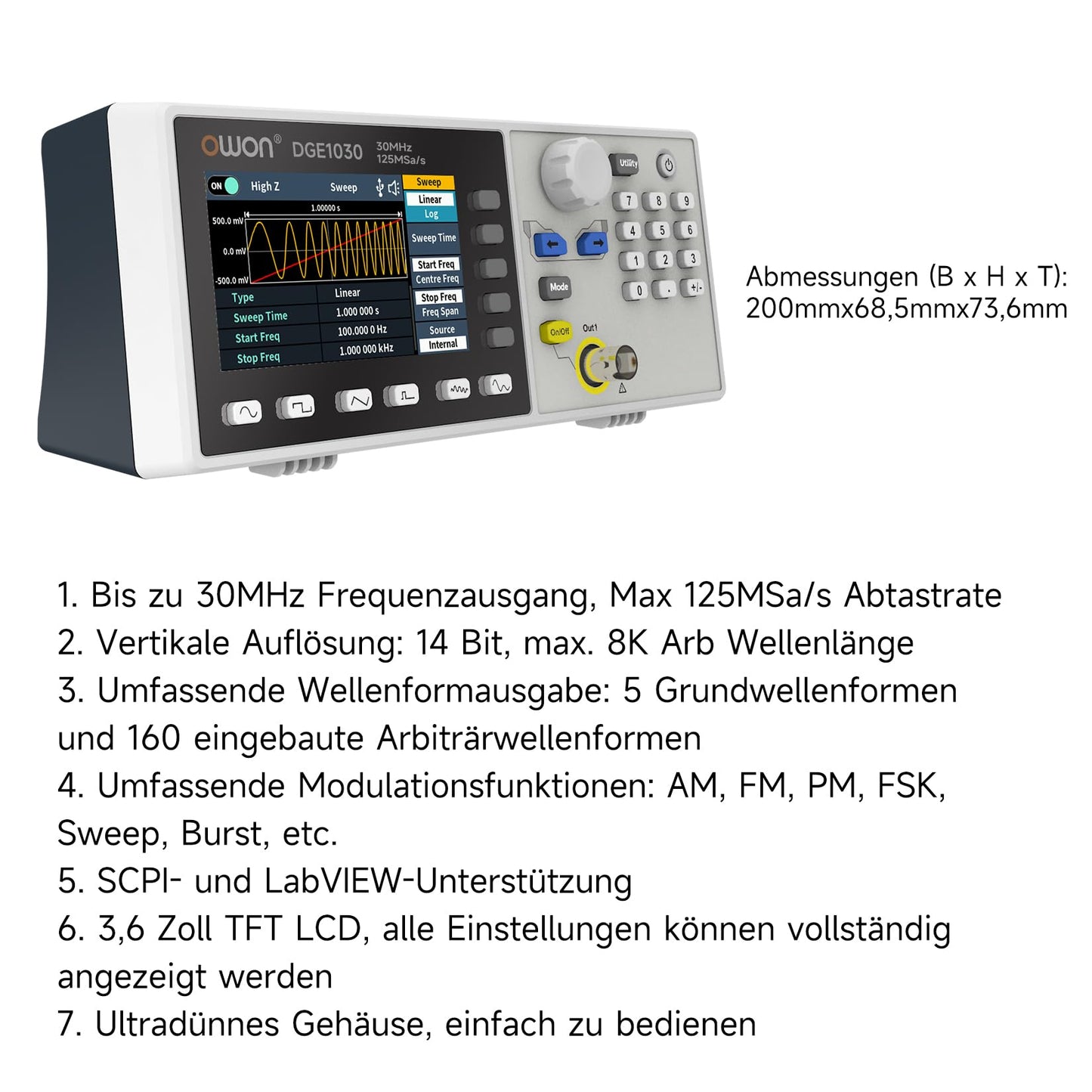 OWON Waveform Generator,30MHz Bandwidth, 125MSa/s Sampling Rate, 14 bits Vertical Resolution, 8K Waveform Length,5 Basic Waveforms, and 160 built-in Arbitrary Waveforms, with 3.6IN LCD Display DGE1030