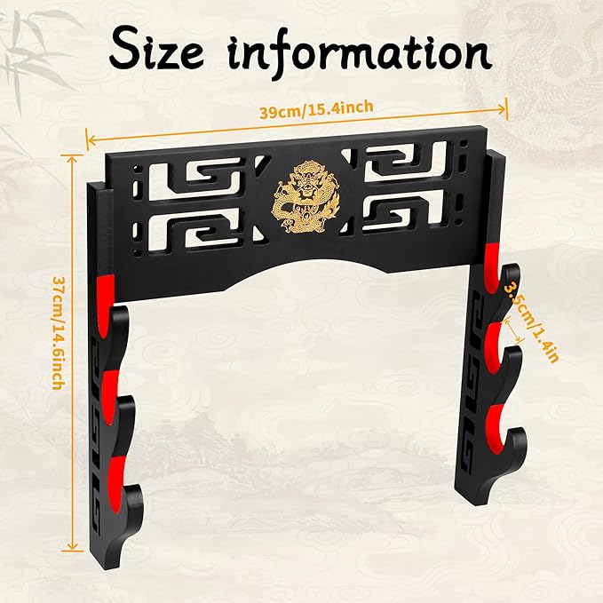 Sword Display Katana Wall Mount, 3-Tier Samurai Sword Katana Holder Stand with Velvet Padded Hook & Dragon Pattern, Sword Rack for Wakizashi Lightsaber Samurai