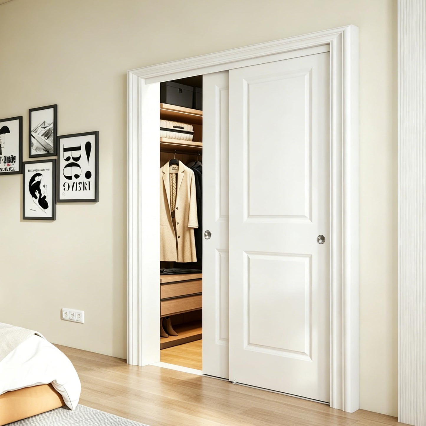 JUBEST 48x80 in Sliding Closet Door, Raised 2-Panel Square Top White Primed Hollow Core Door Slab with Hardware Kits & Matching Fascia, Pre-drilled & Paintable, Space-Saving for Bedroom Laundry