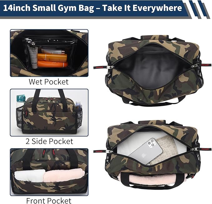Small Gym Bag with Wet Pocket - 14 inch Mini Duffle Bag for Men & Women Lightweight Carry On Bag for Travel Sport - Camouflage