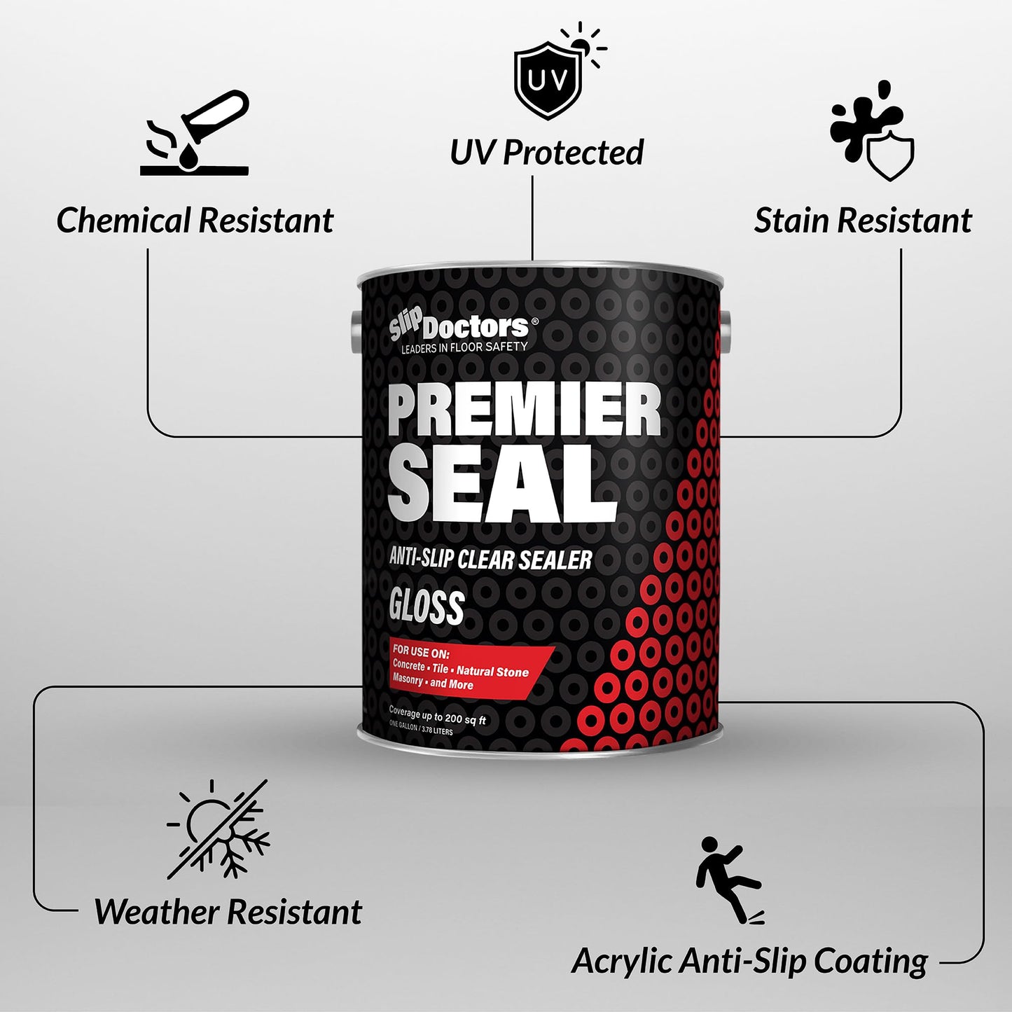 Premier Seal Non-Slip Concrete & Paver Sealer – Clear Anti-Slip Sealant for Pool Decks, Driveways & Garages - Gloss Finish