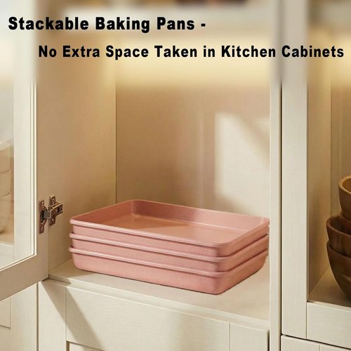 11x9 Baking Pan Set of 3 - Non-Stick Rectangular Cake & Brownie Pans in Pink | Perfect for Home Baking