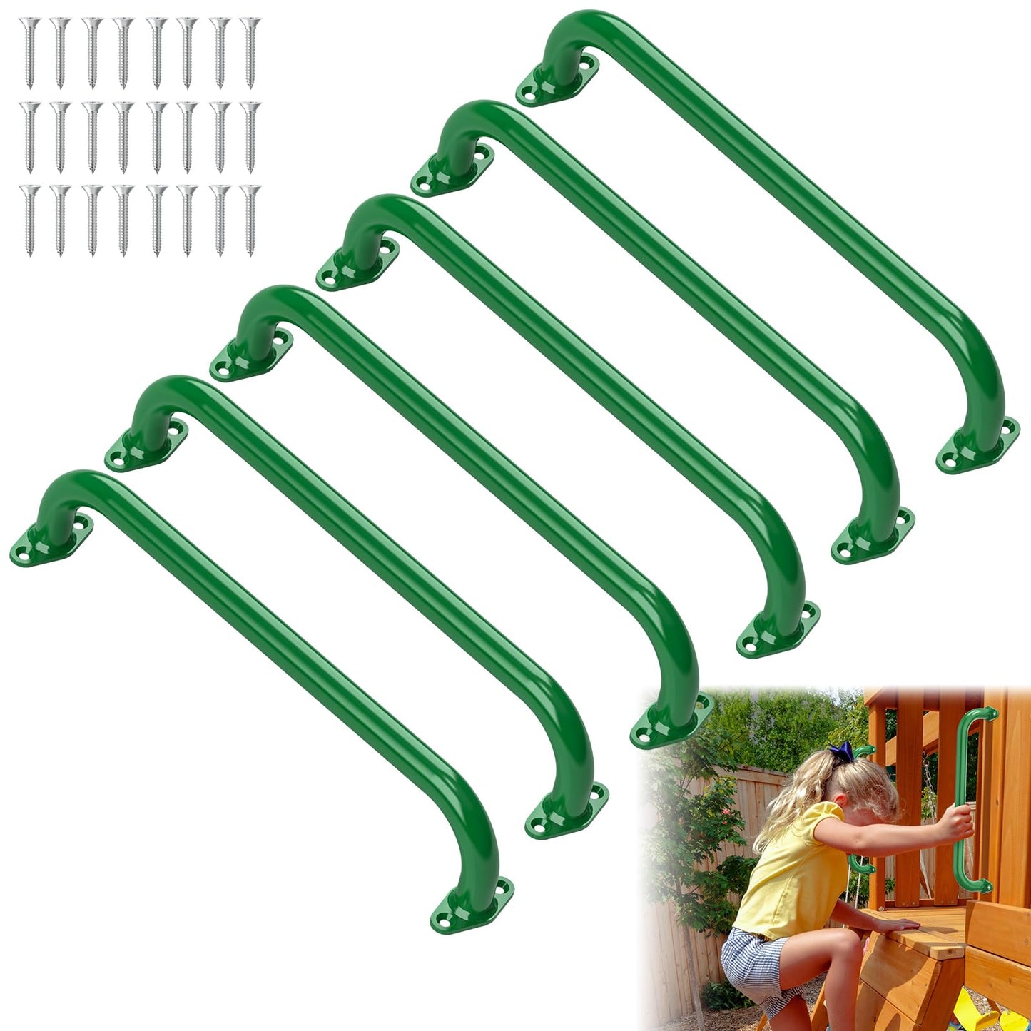 SUNSHINE FARMRE 17.3 Inch Safety Playground Handles Metal Indoor Outdoor Climbing Monkey Bars Swing Set Accessories Grab Handle Playset Hand Grips for Playhouse, Treehouse, Jungle Gym (Green, 6 Pack)