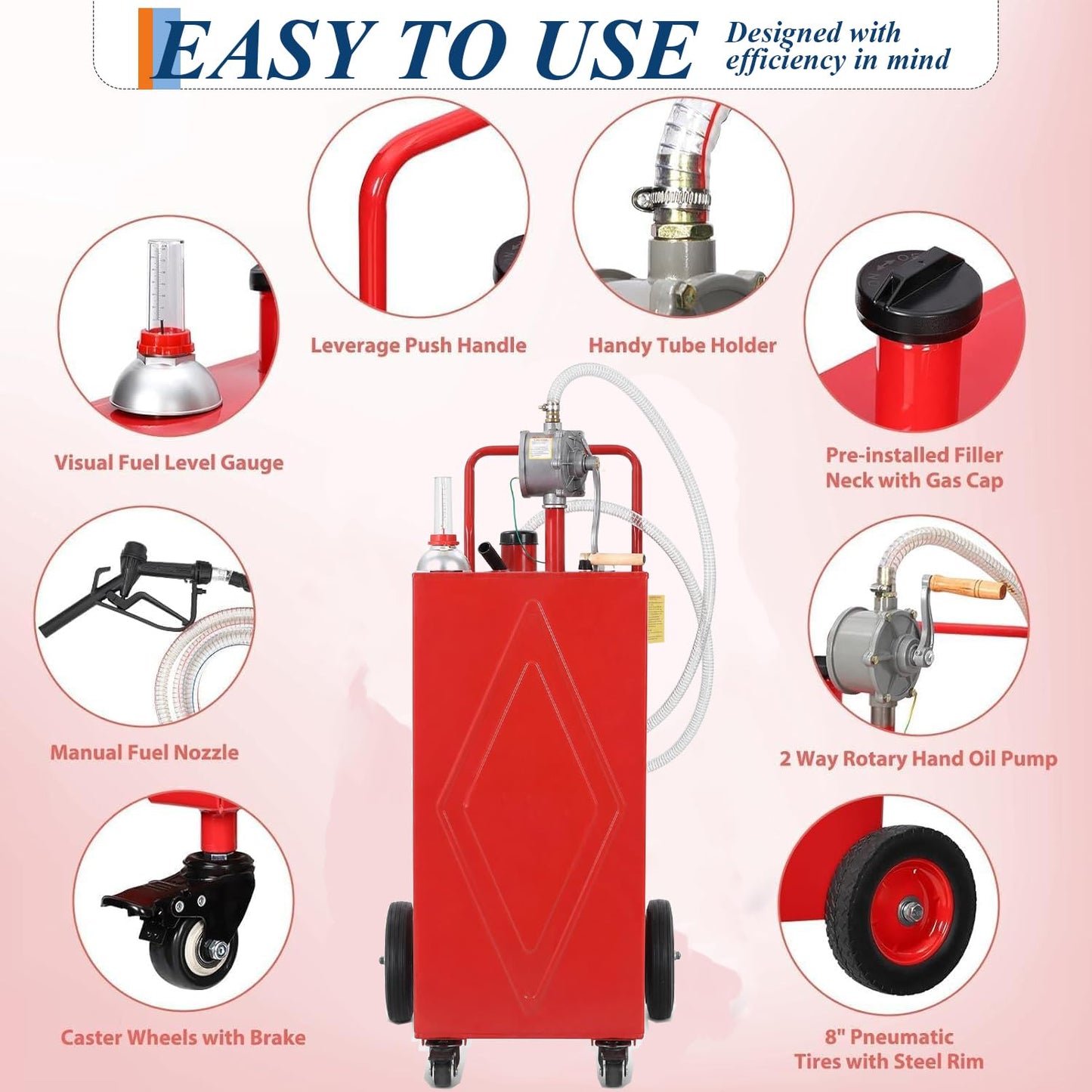 Upgrade 30-Gallon Portable Fuel Transfer Tank with Manual Pump, Heavy-Duty Gasoline & Diesel Caddy on 4 Wheels, Mobile Fuel Storage Container for Cars, Trucks, Boats, Lawn Mowers & Farm Equipment, Red