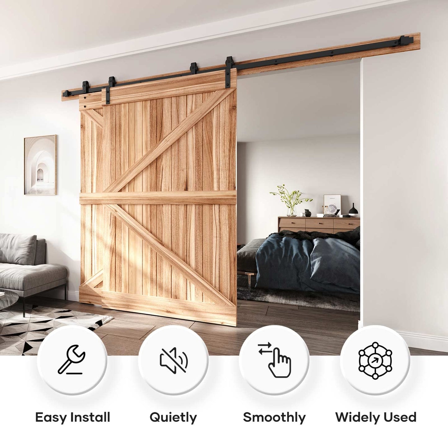 EaseLife 12 FT Bypass Double Sliding Barn Door Hardware Kit,Single Track, Slide Smoothly Quietly, Easy Install (12FT Track Kit for Double 77" Wide Door)