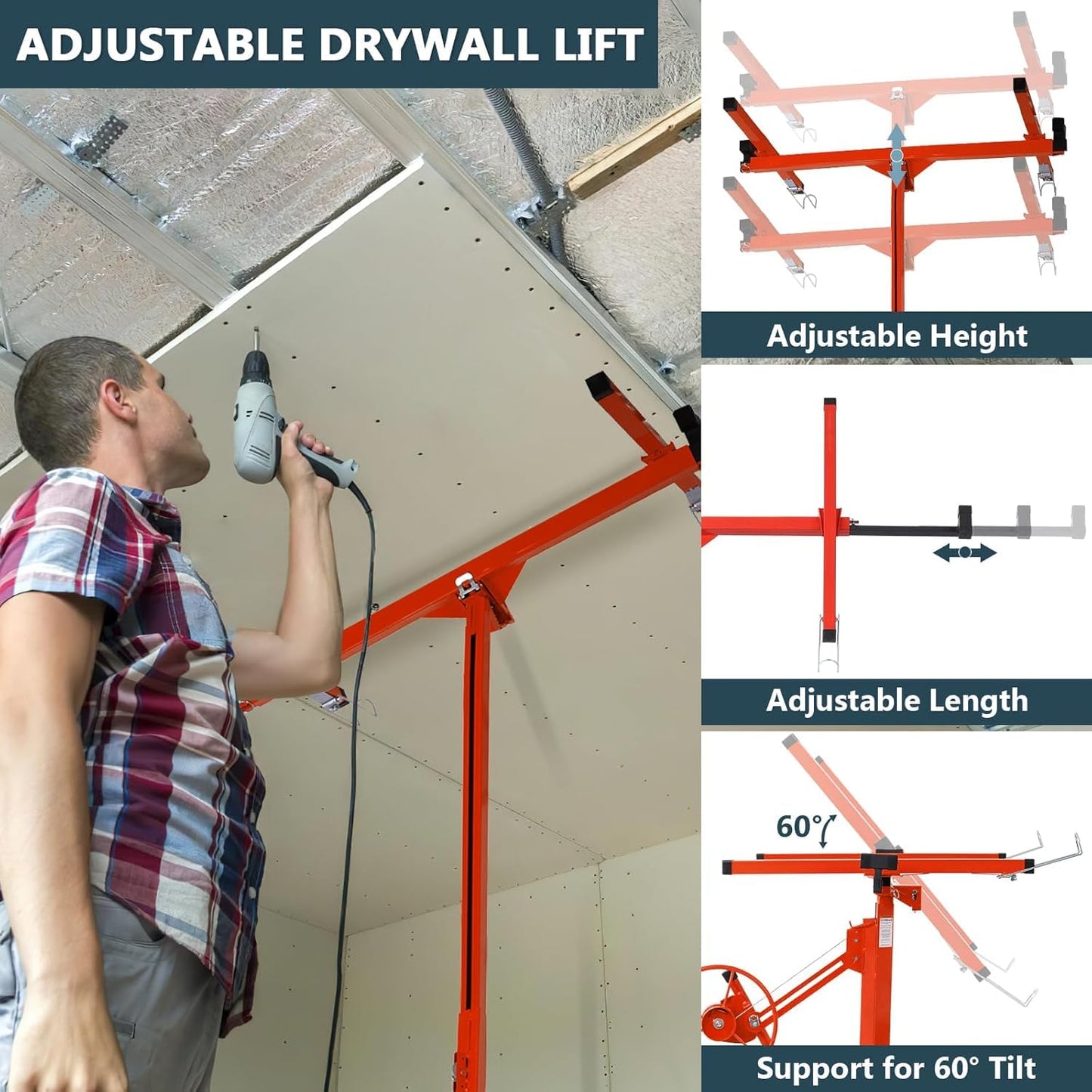 Rovibek 11FT Drywall Lift, Drywall Jack Lift for Ceiling, 360° Adjustable Drywall Panel Hoist, 150LBS Heavy Duty Drywall Lifter, Foldable Sheetrock Lift, Drywall Lift for Home Improvement (Red)