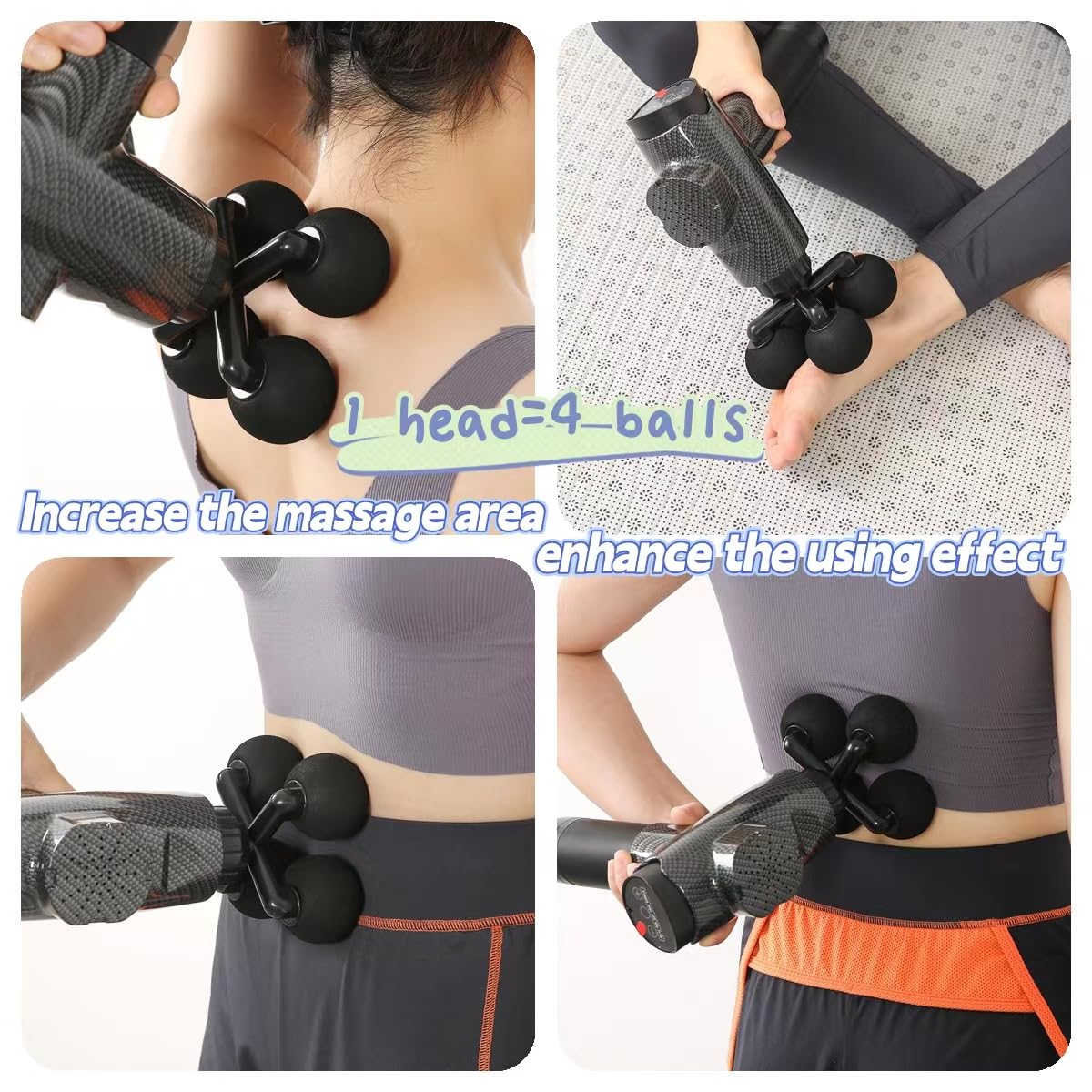 Falafale Massager Head with 4 Round Balls Massage Gun Soft Heads Replacement 4 Balls Massage Head with 3 Sizes Silicone Adapters