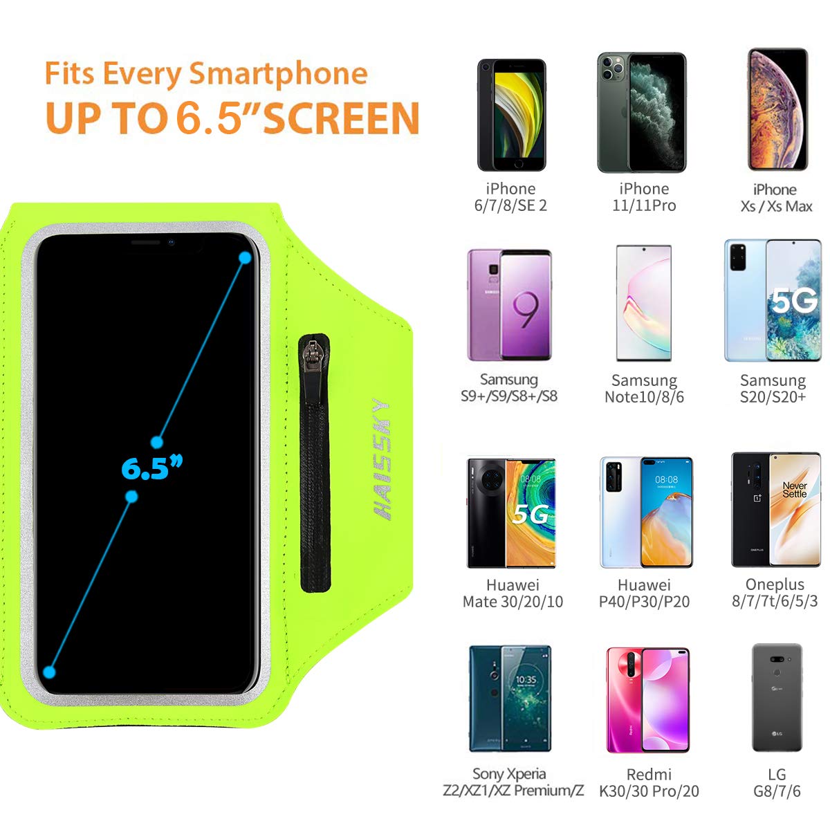 Running Armband with Earphone Bag Cell Phone Armband for iPhone 17 16 15 Pro 14 Plus 13 11 XR, Galaxy S24/S10 Water Resistant Sports Phone Holder Case & Zipper Slot Car Key Holder for 6.7 inch Phone